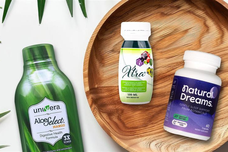 three univera supplements on a wooden plate