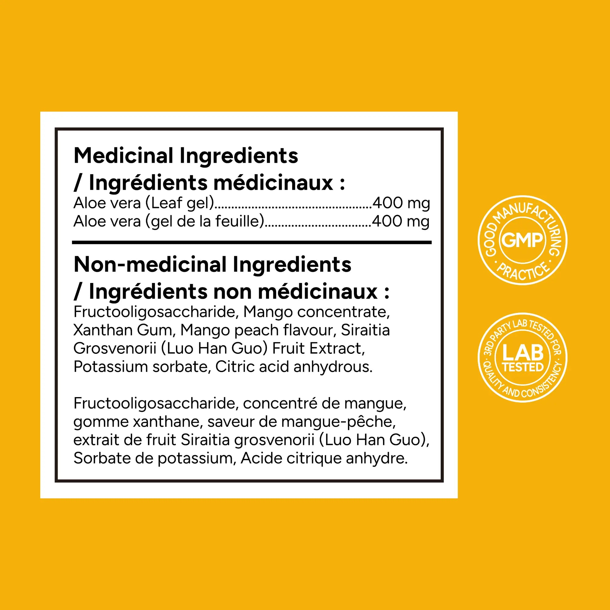 Product label with medicinal and non-medicinal ingredients on a yellow background