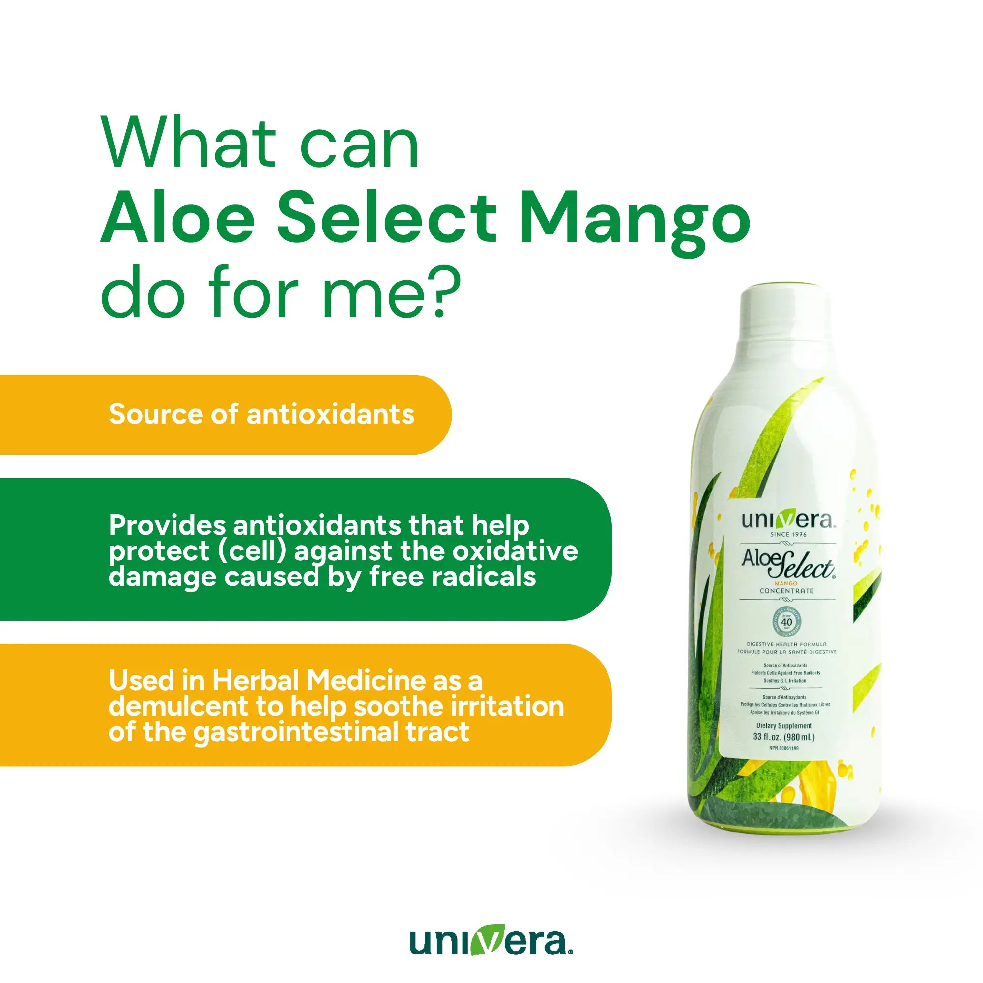 Aloe vera product with text about its benefits on a white background