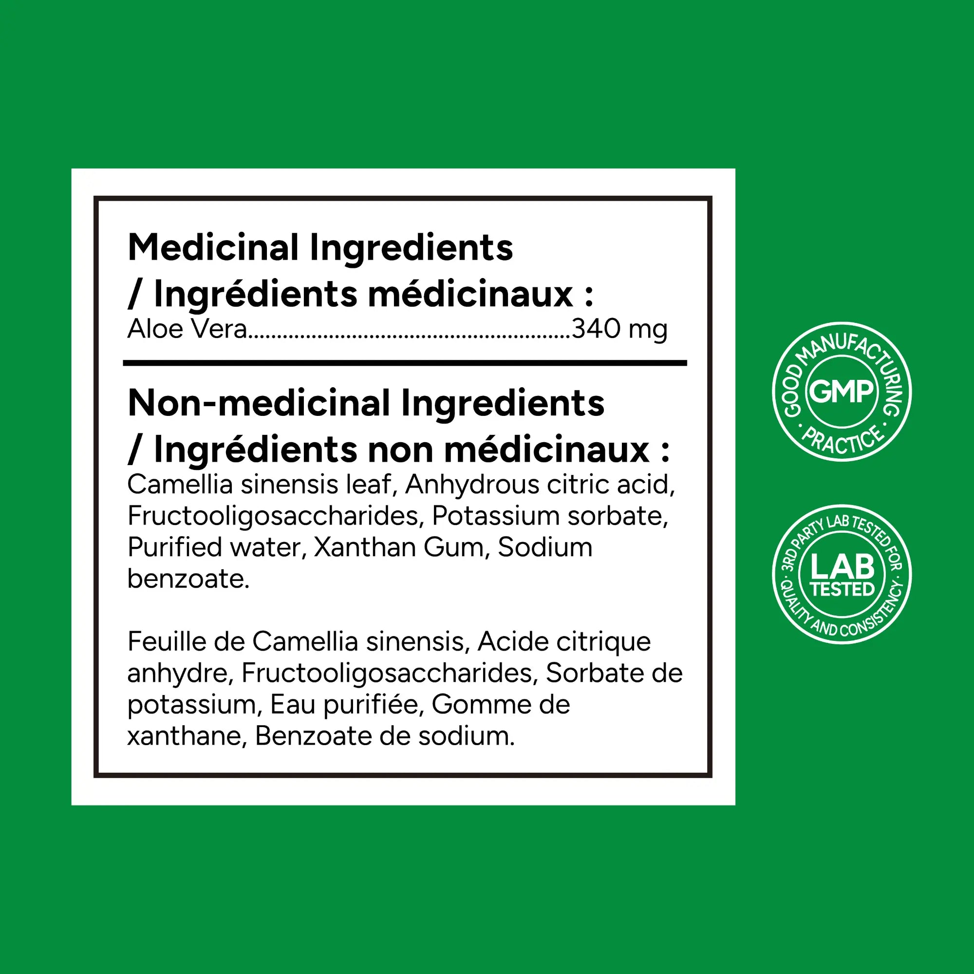 Product label with medicinal and non-medicinal ingredients on a green background