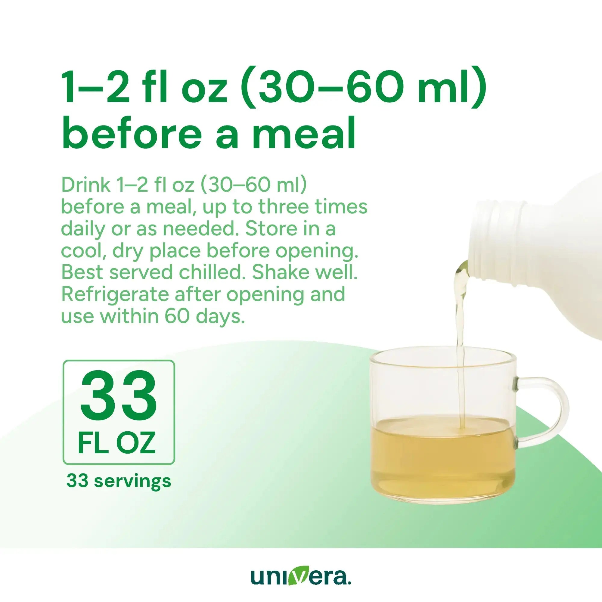 Univera product packaging with pouring liquid into a glass, text on usage and storage, and green background.