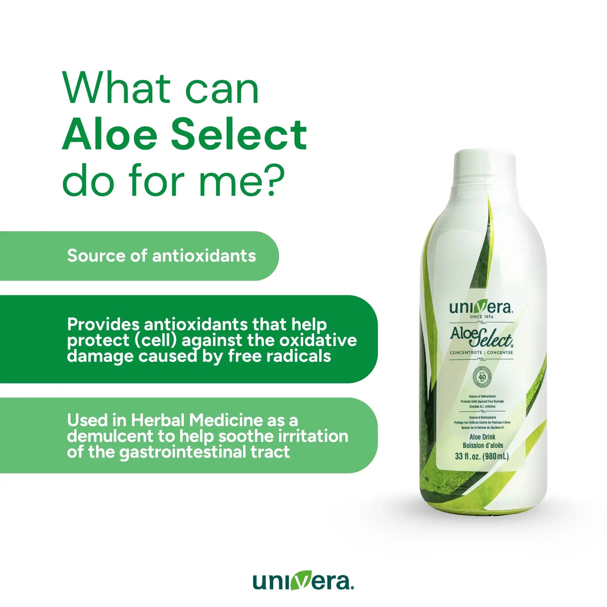 Univera Aloe Select bottle with product benefits on a white background