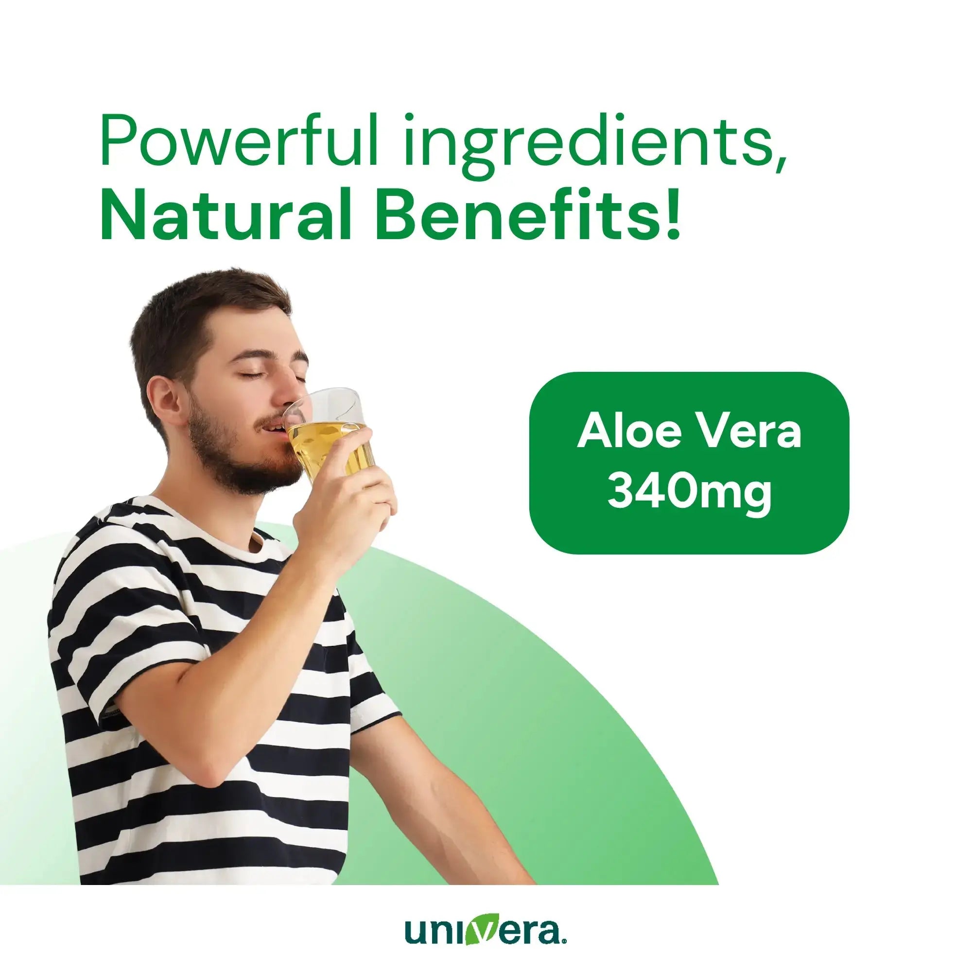 Man drinking aloe vera juice with text about powerful ingredients and natural benefits, branded as Universa.