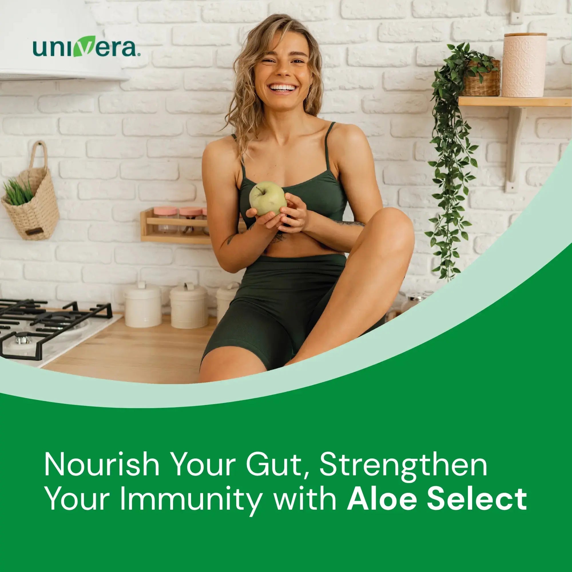 Woman holding an apple in a kitchen with 'univera' branding and promotional text.
