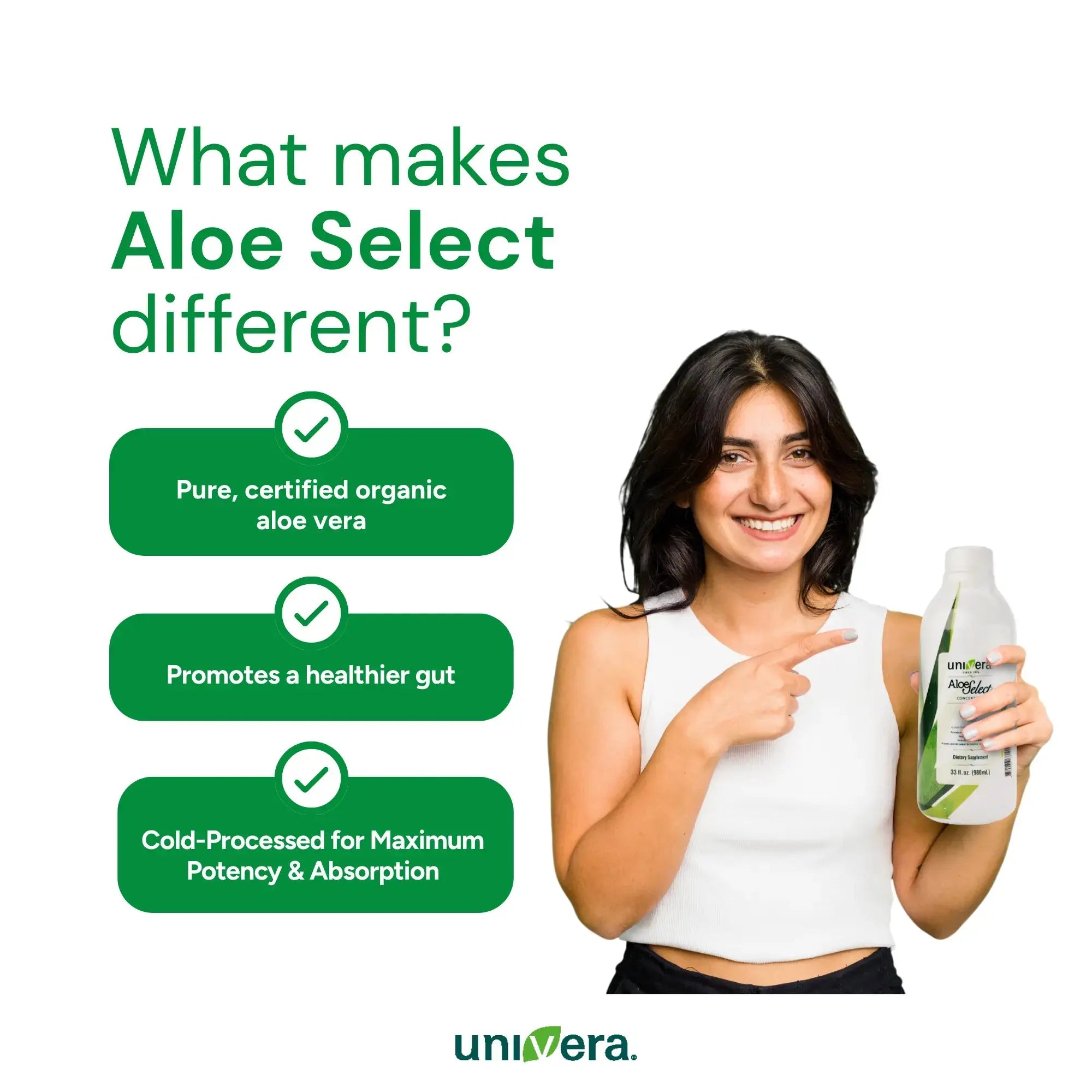Woman holding a bottle of Aloe Select with promotional text on a white background
