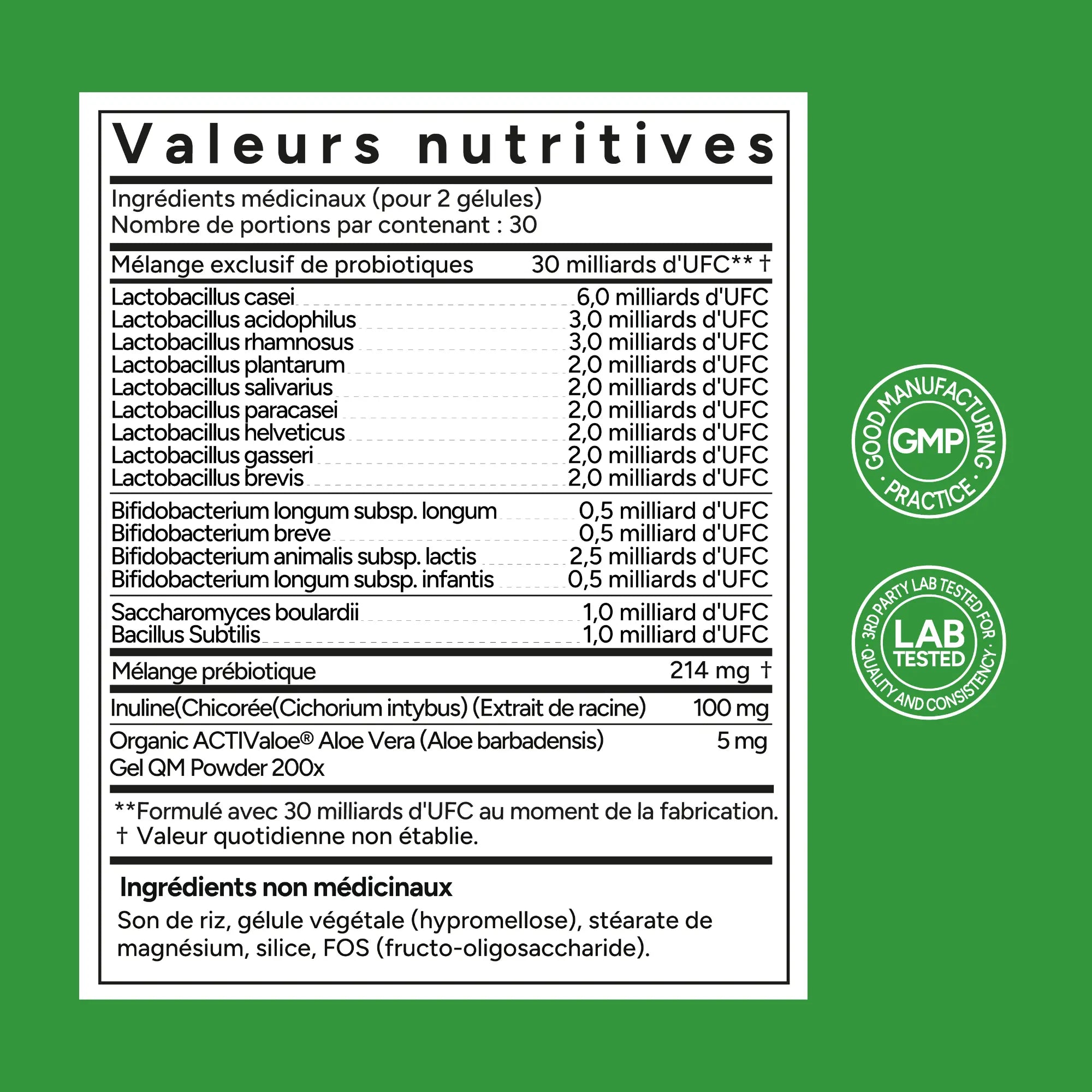 Nutritional label with ingredient list on a green background