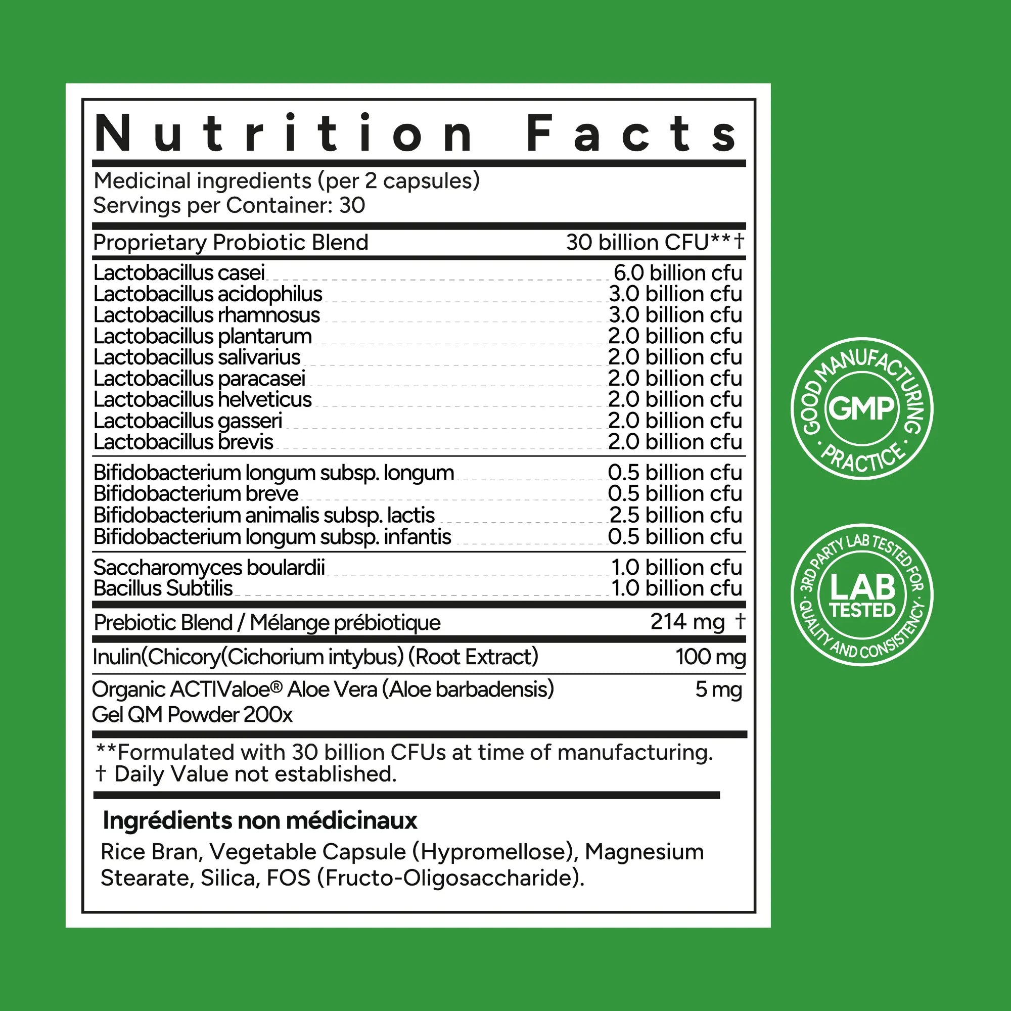 Nutrition facts label for a probiotic supplement on a green background with GMP and lab tested logos.