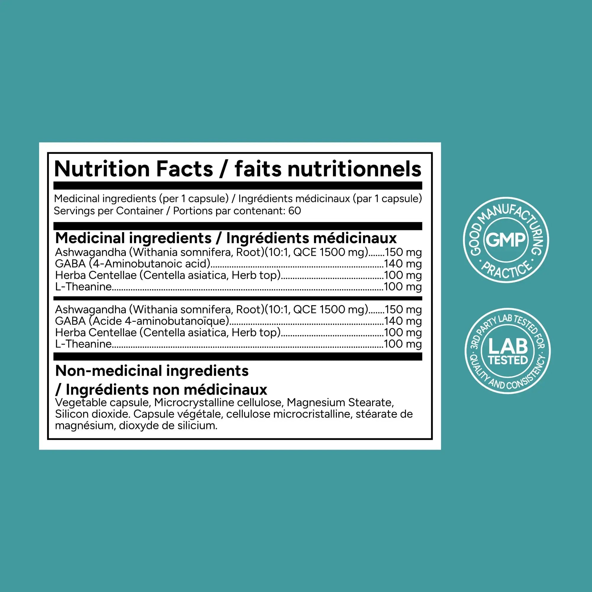 Nutrition facts label for a supplement on a teal background with certification logos.