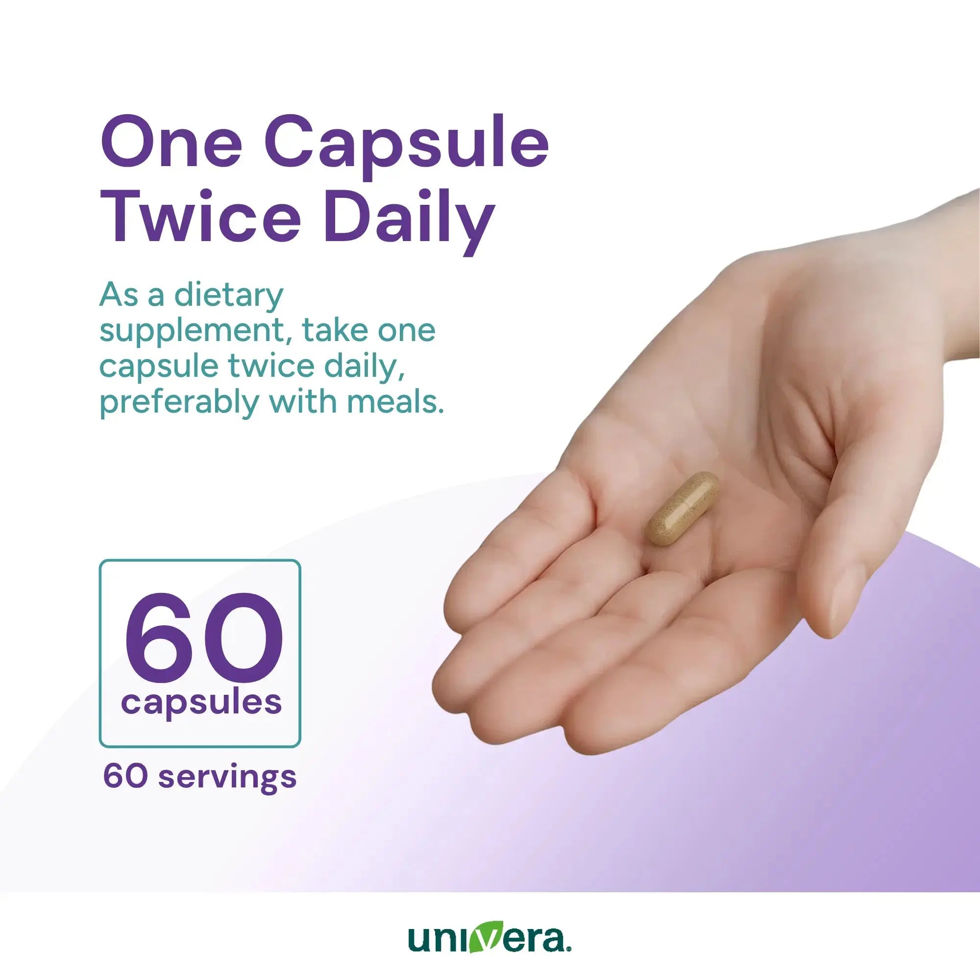 Supplement capsule in a hand with text about daily intake and Universa branding.