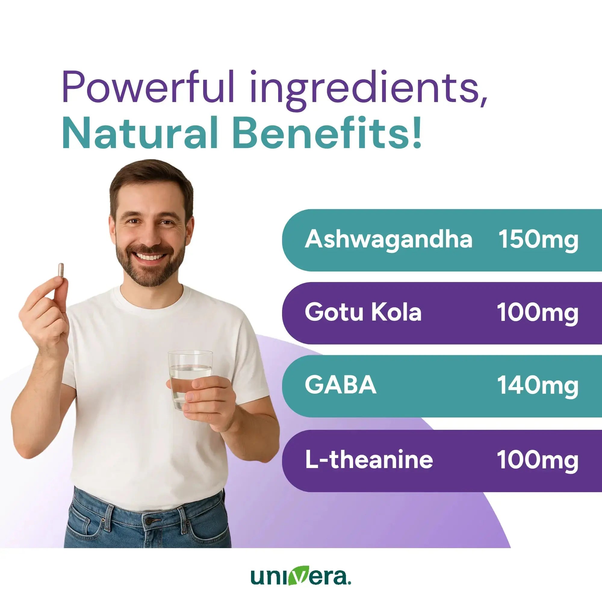 Man holding a supplement and glass of water with health benefits listed, branded as 'univera'.