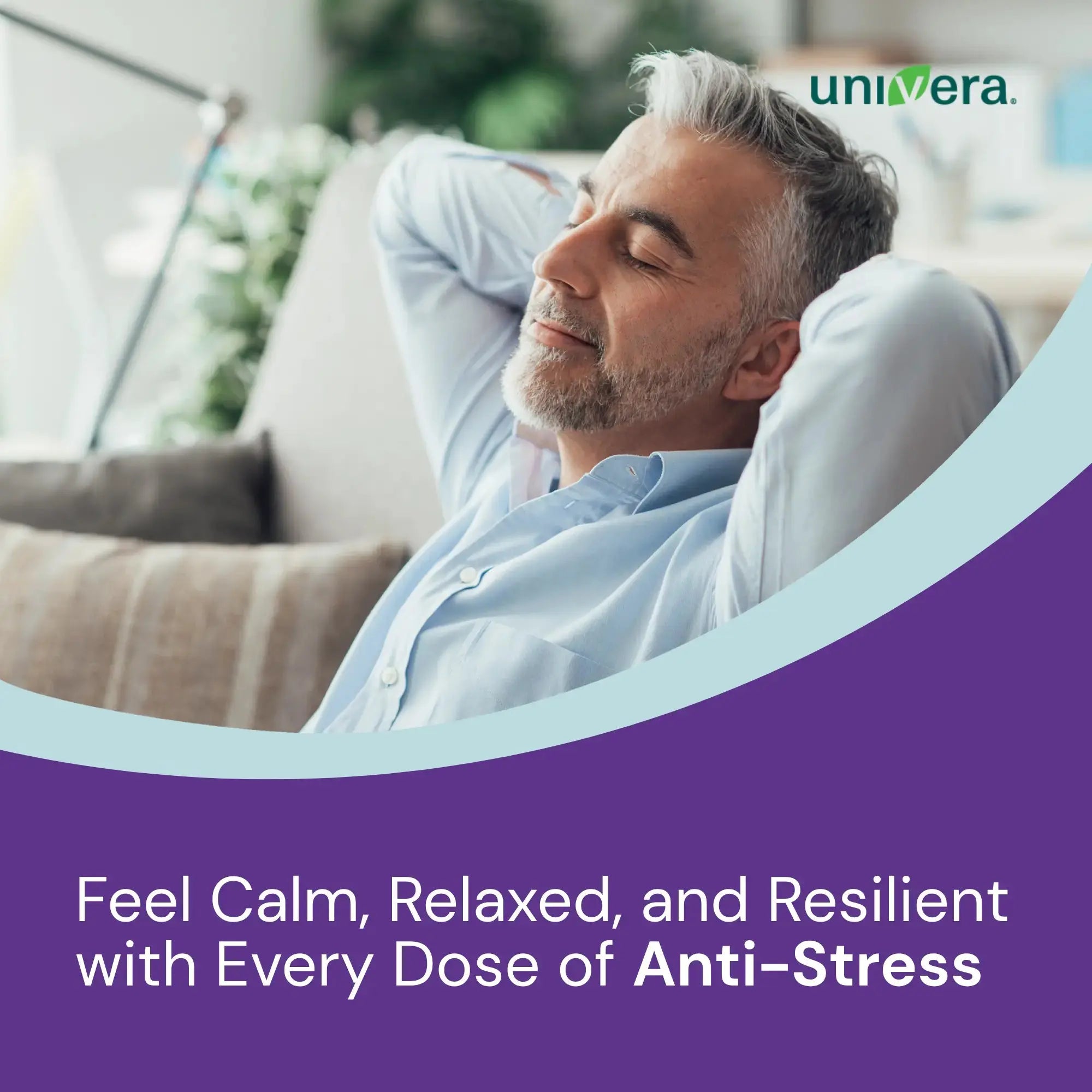 Man relaxing on a couch with 'univera' branding and promotional text.
