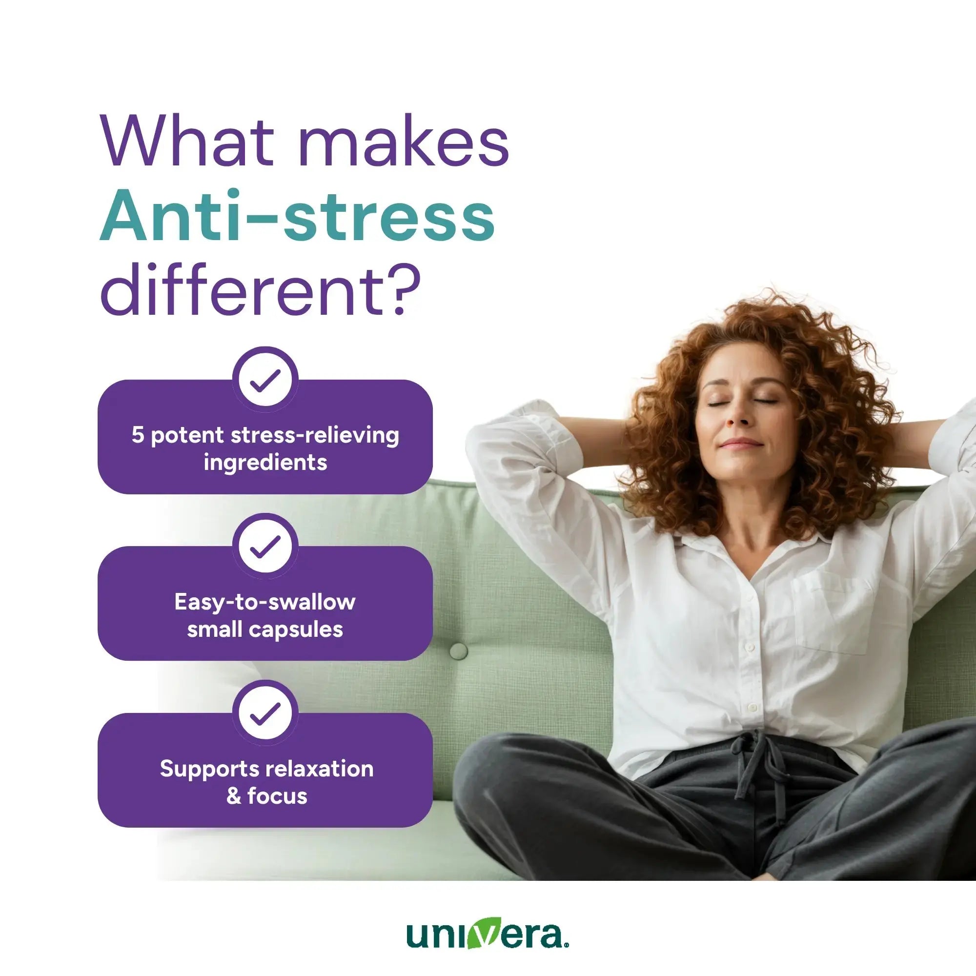 Woman relaxing with text about anti-stress product features and Univera branding.