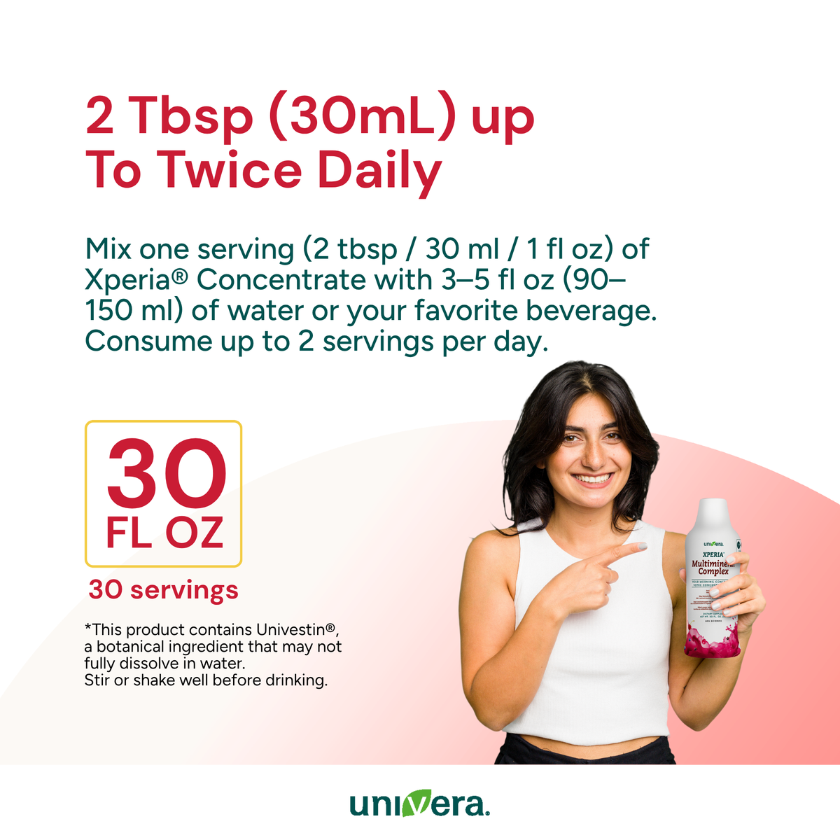 Advertisement for a supplement product with a woman holding a bottle, featuring text about serving size and consumption.