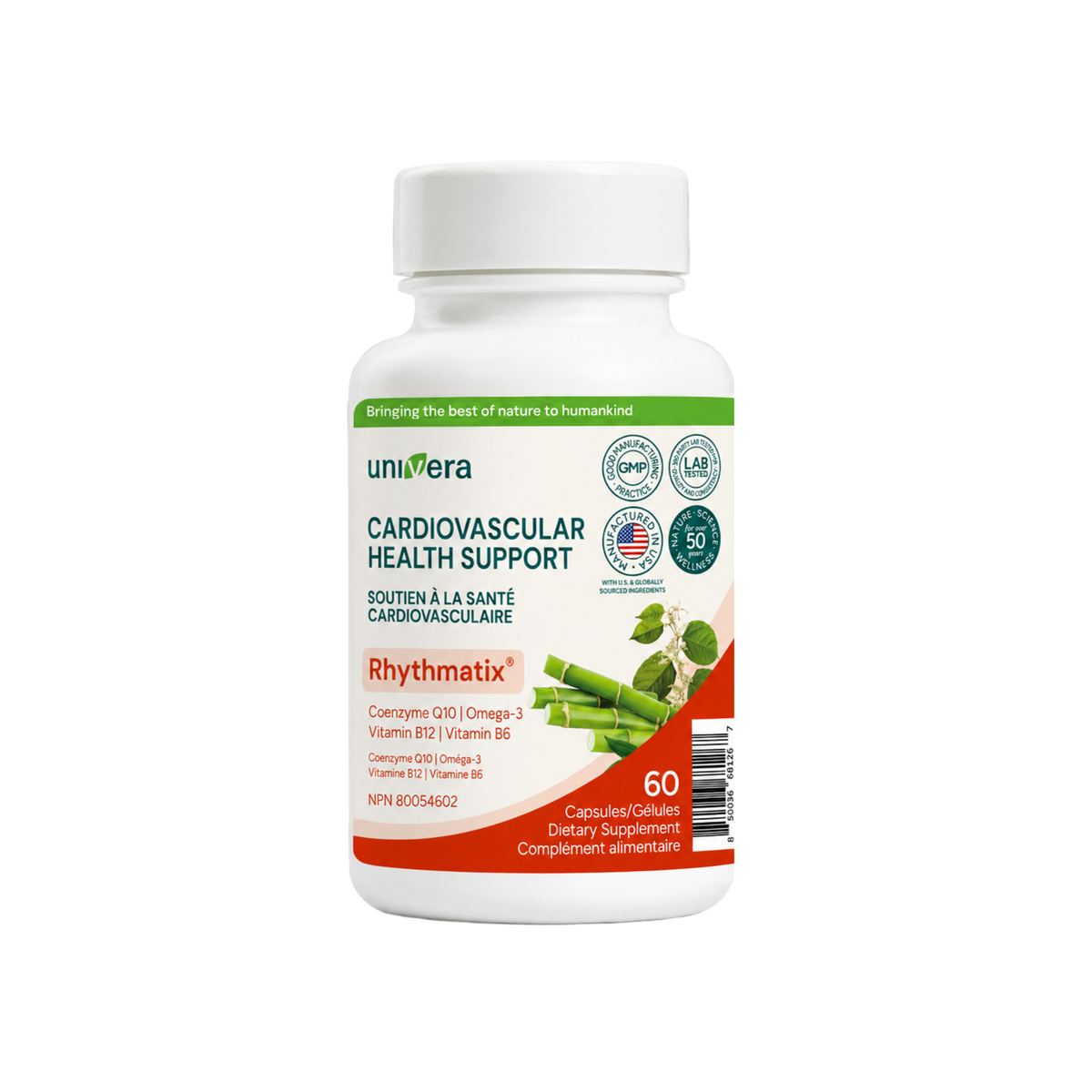 A white plastic bottle of univera Rhymmatix Cardiovascular Health Support dietary supplement, featuring a white label with green, blue, and orange text and graphics, set against a plain white background.