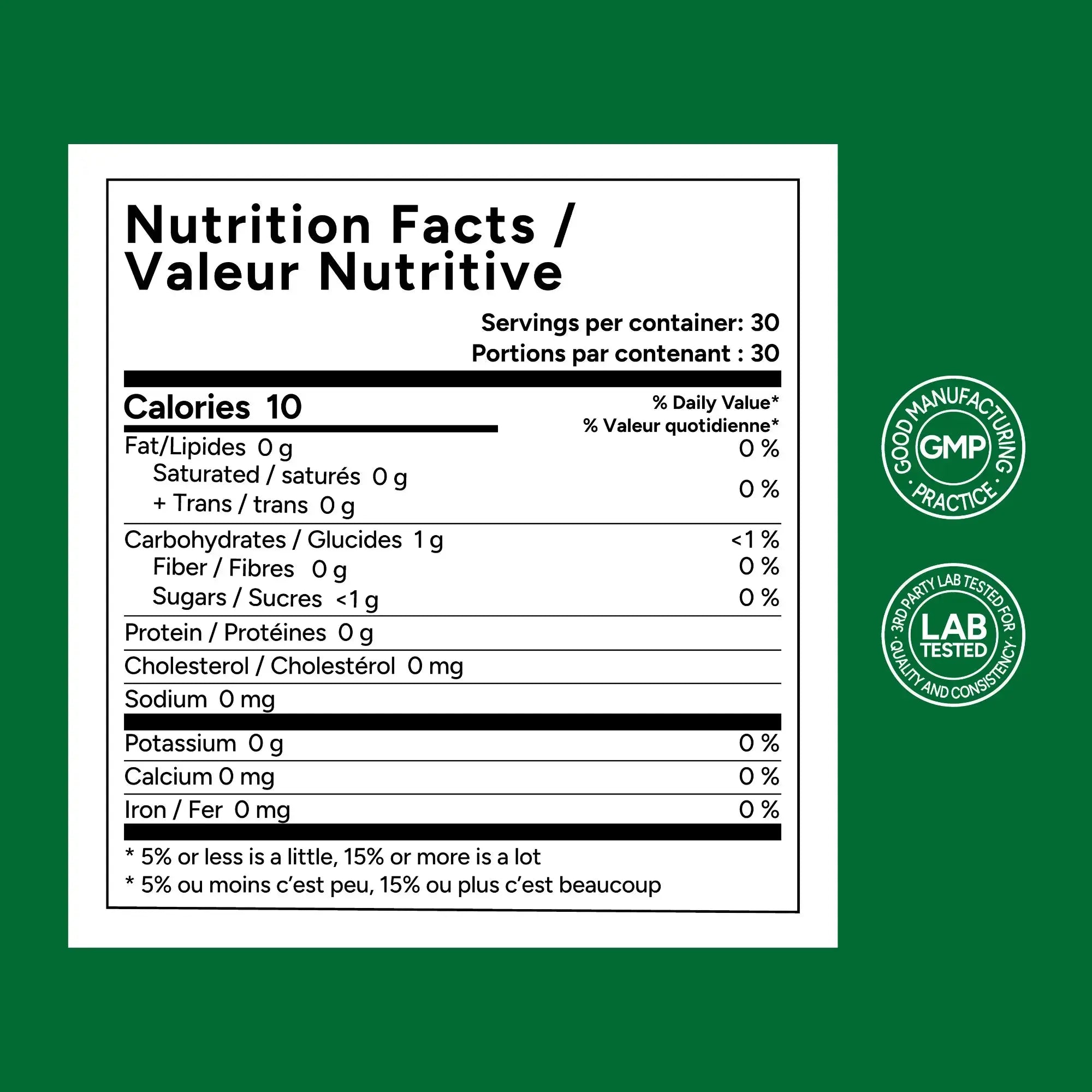 Nutrition facts label on a green background with GMP and lab tested logos.