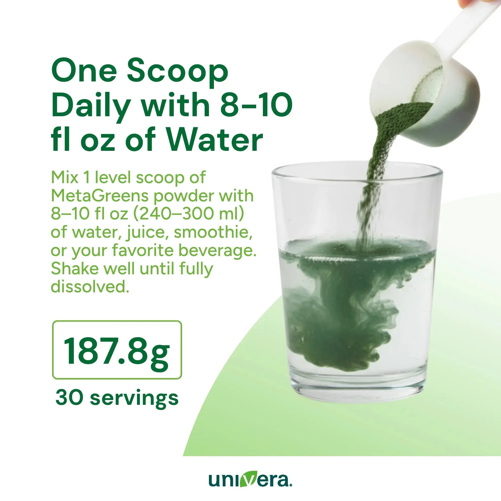 Glass of green powder being poured with text about MetaGreens powder usage and univera branding.