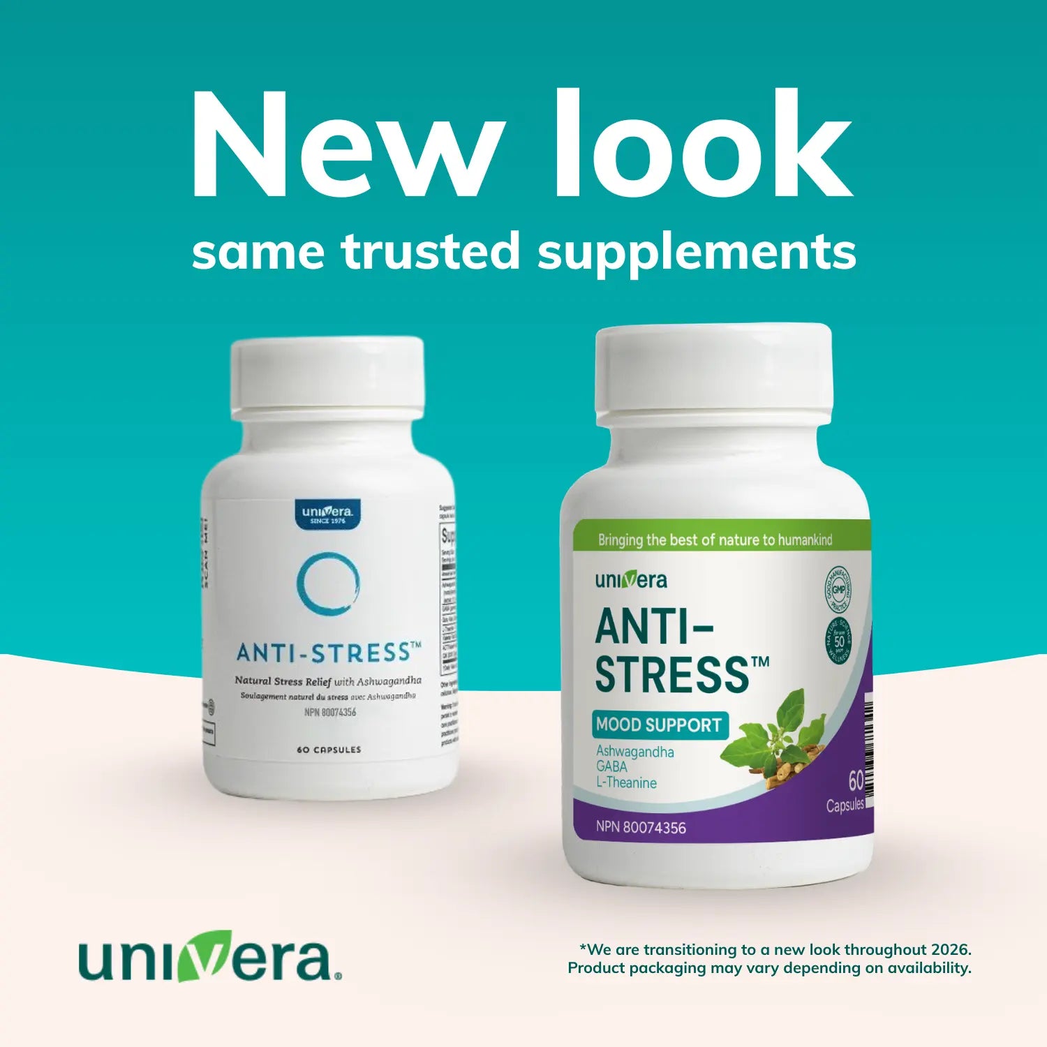 Two bottles of Univera Anti-Stress supplements on a light blue background with text indicating a new look.