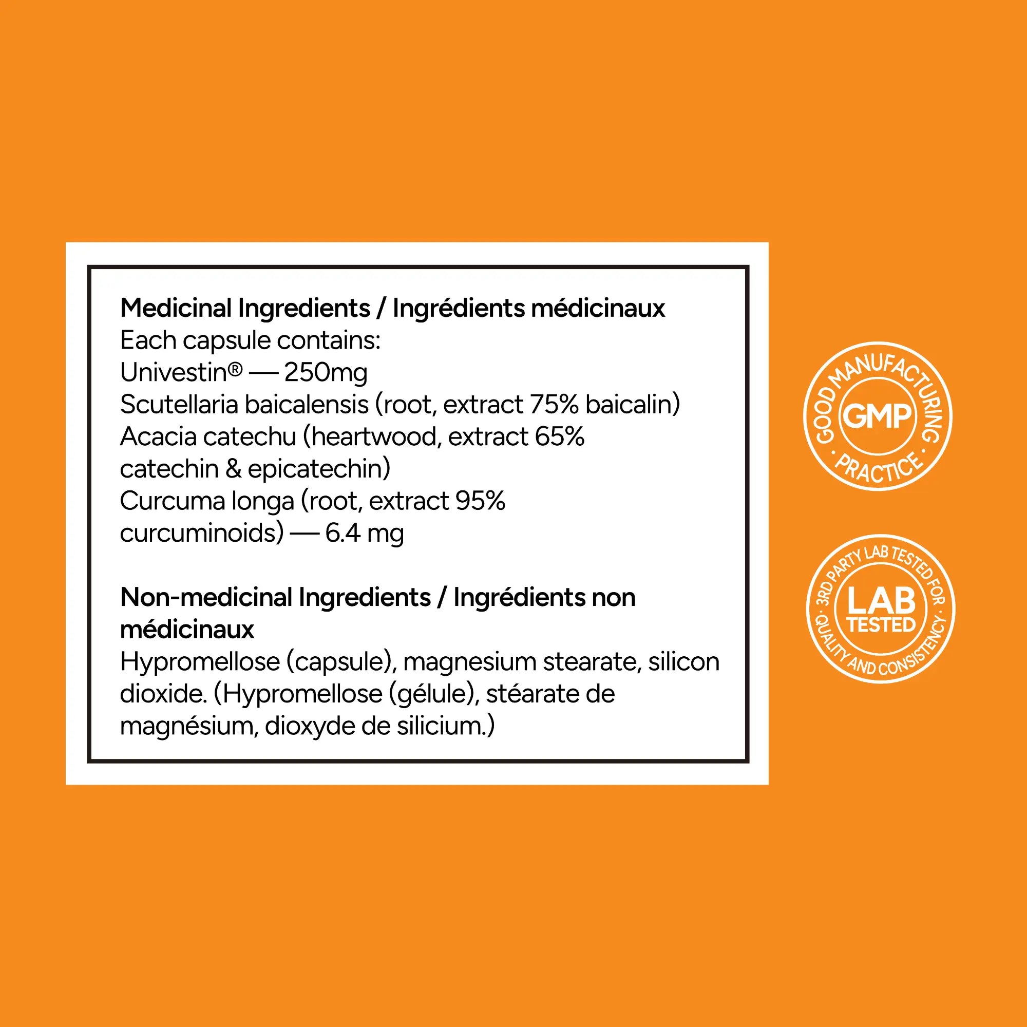 Product label with medicinal and non-medicinal ingredients on an orange background