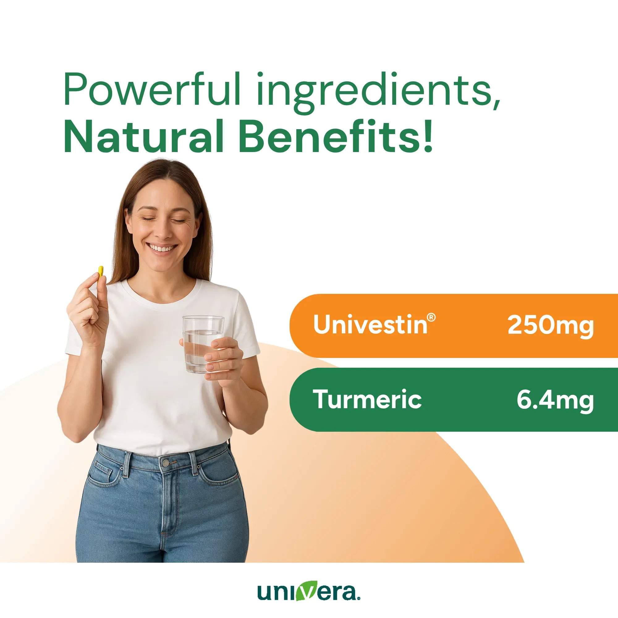 Woman holding a Universin supplement and a glass of water with product details on a gradient background.