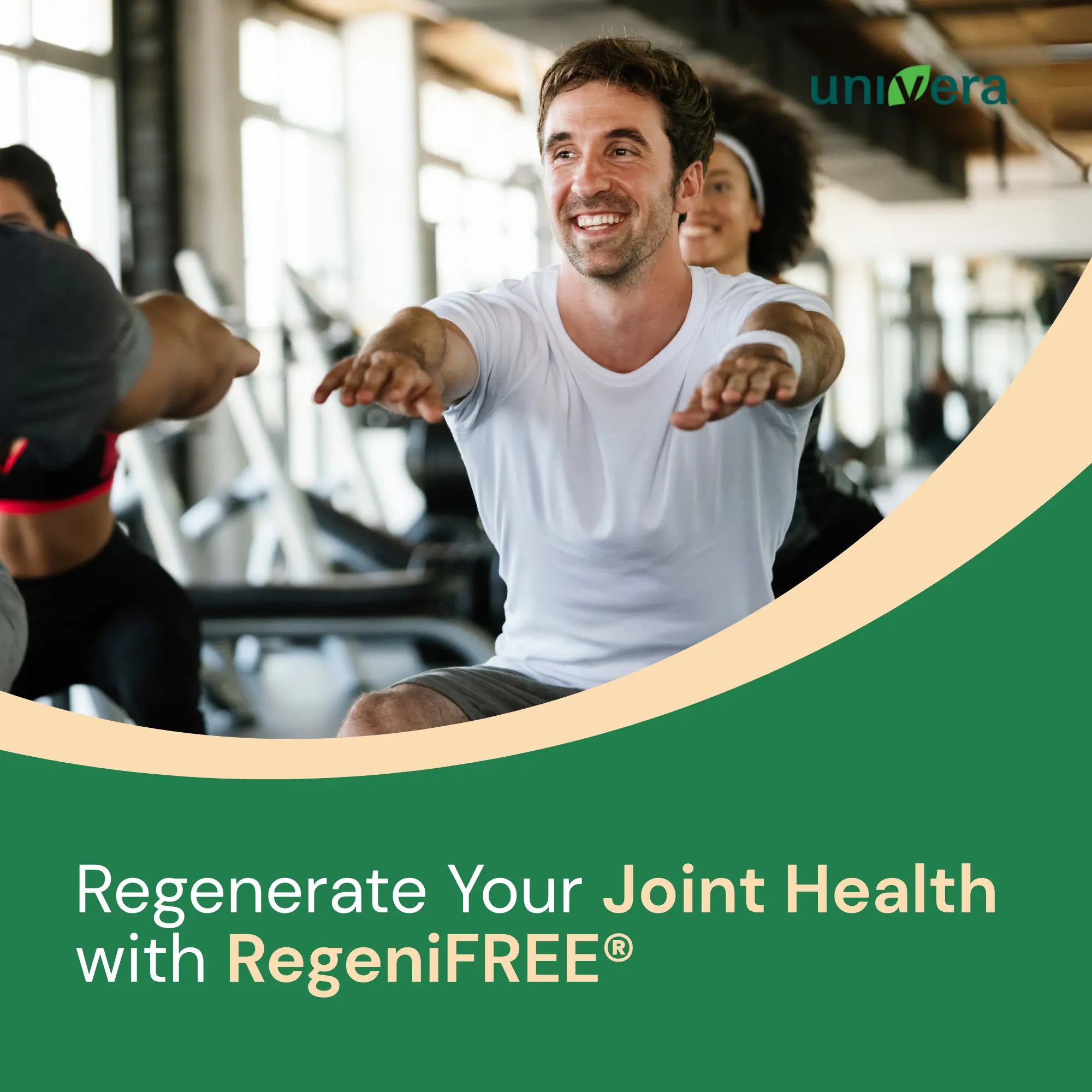 Man exercising with gym equipment in the background, promoting RegeniFREE joint health supplement.