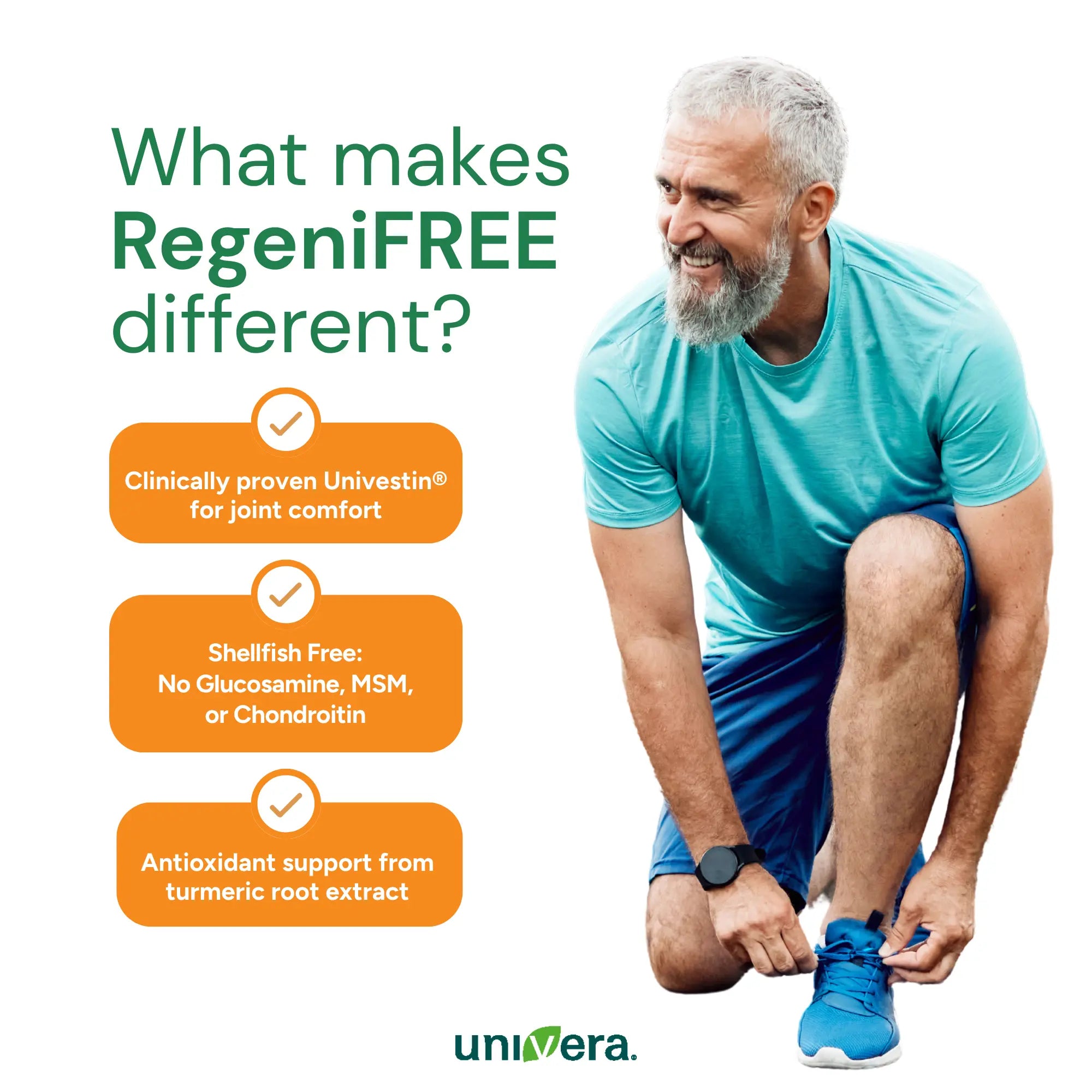 Man tying his shoe with RegeniFREE product features and Univera logo on a white background