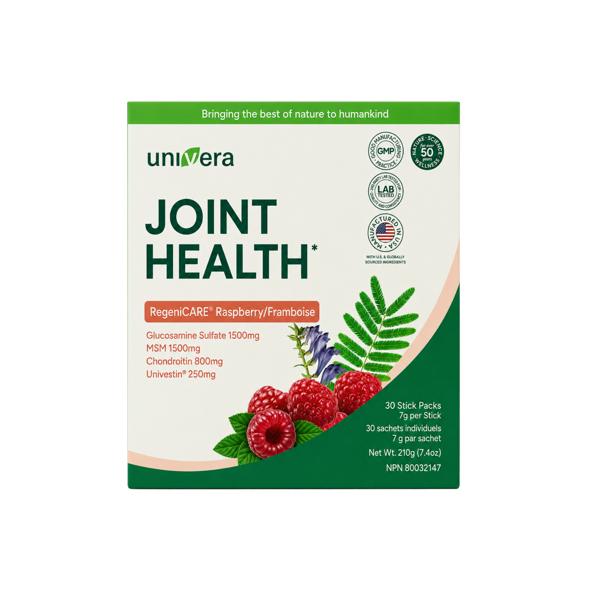 A box of univera Joint Health RegeniCARE Raspberry/Framboise supplement, featuring a white and green design with illustrations of raspberries and leaves.