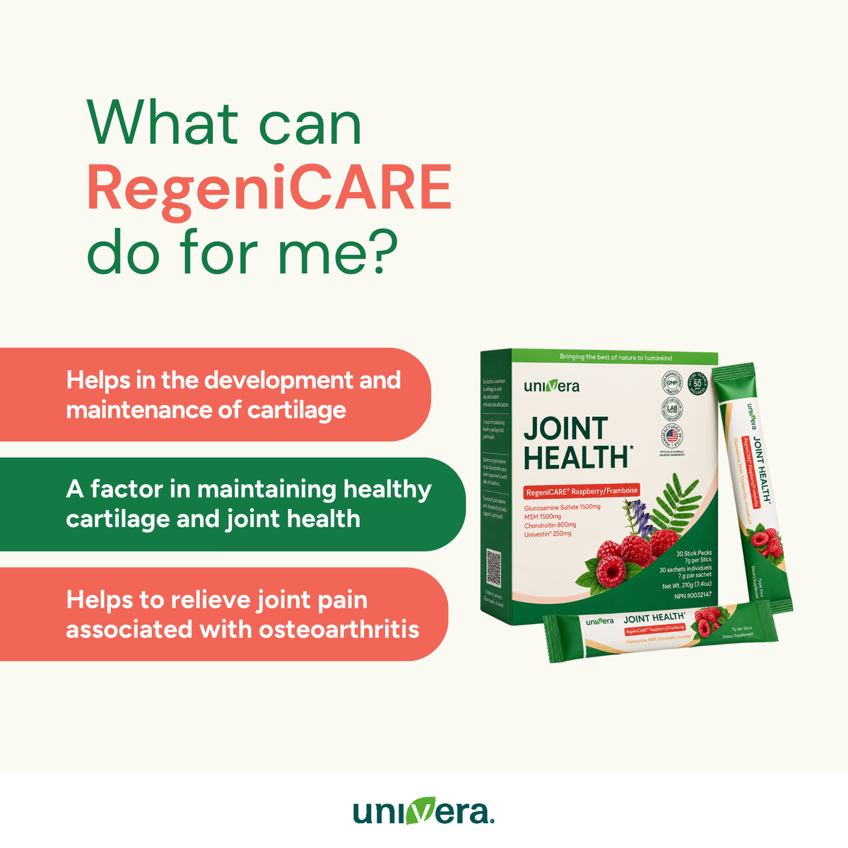 Promotional graphic for UniVera RegeniCARE Joint Health, showing the product box and a single stick pack on a light cream background with green and coral text blocks describing benefits.