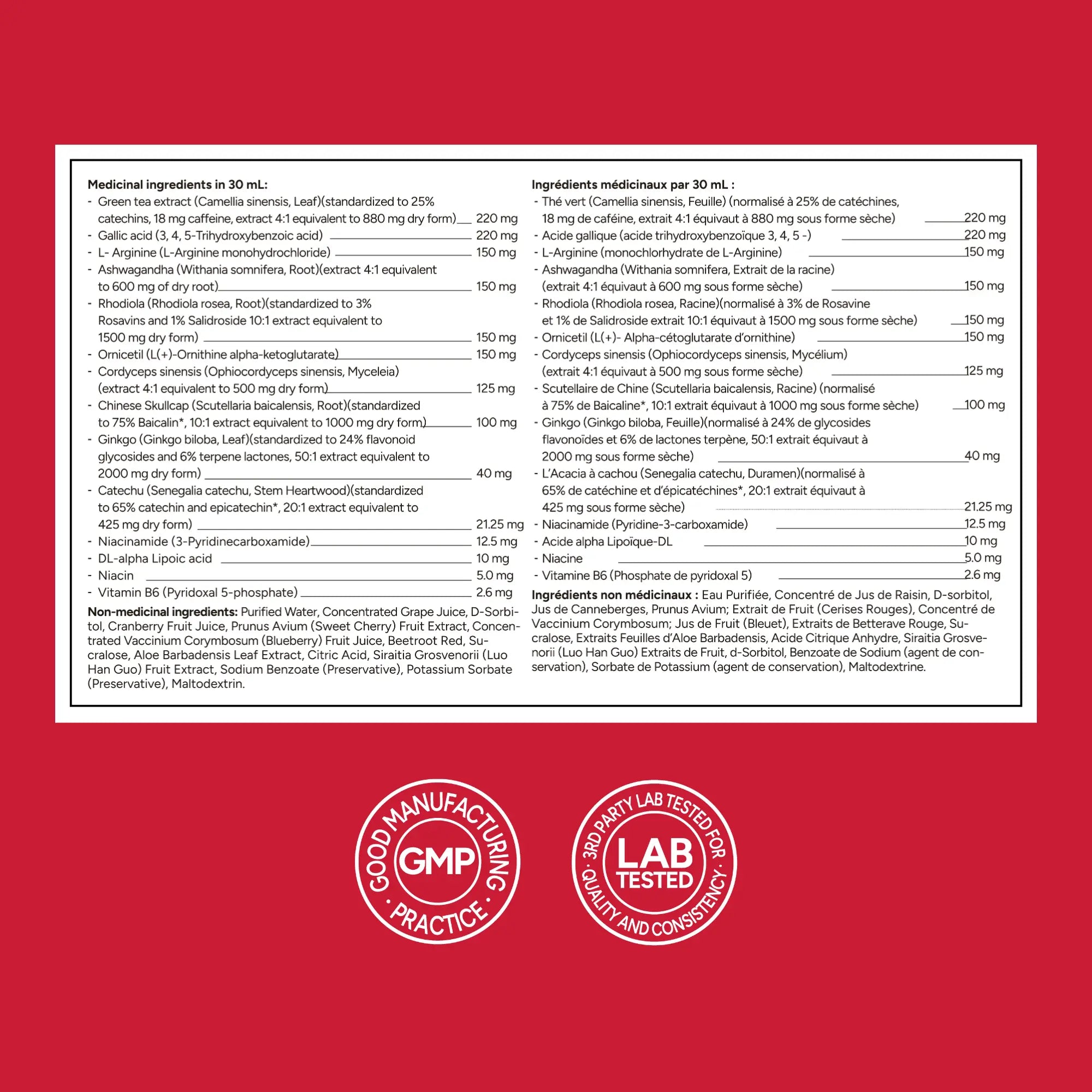 Product label with medical ingredients and certifications on a red background