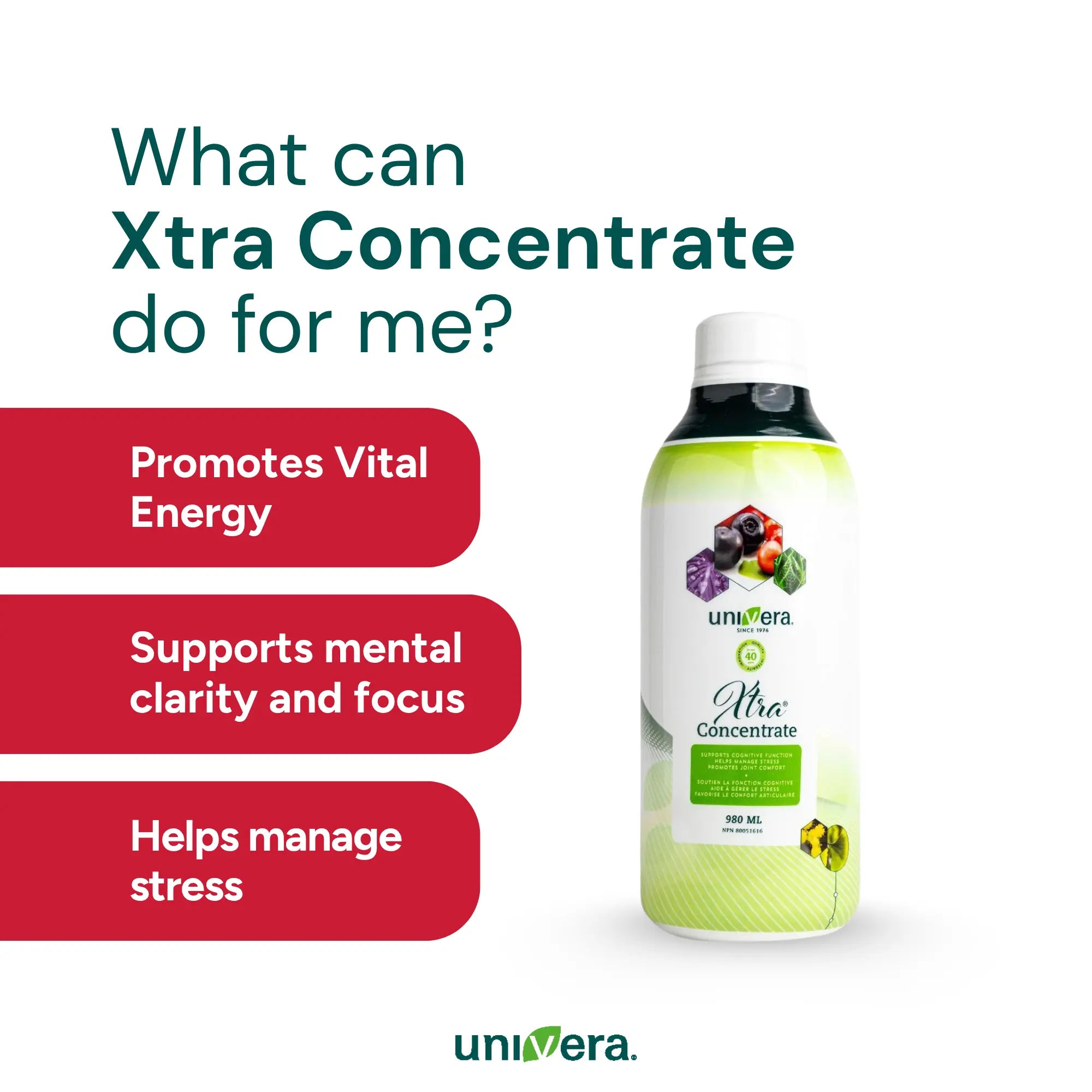 Univera Xtra Concentrate bottle with benefits listed on a white background
