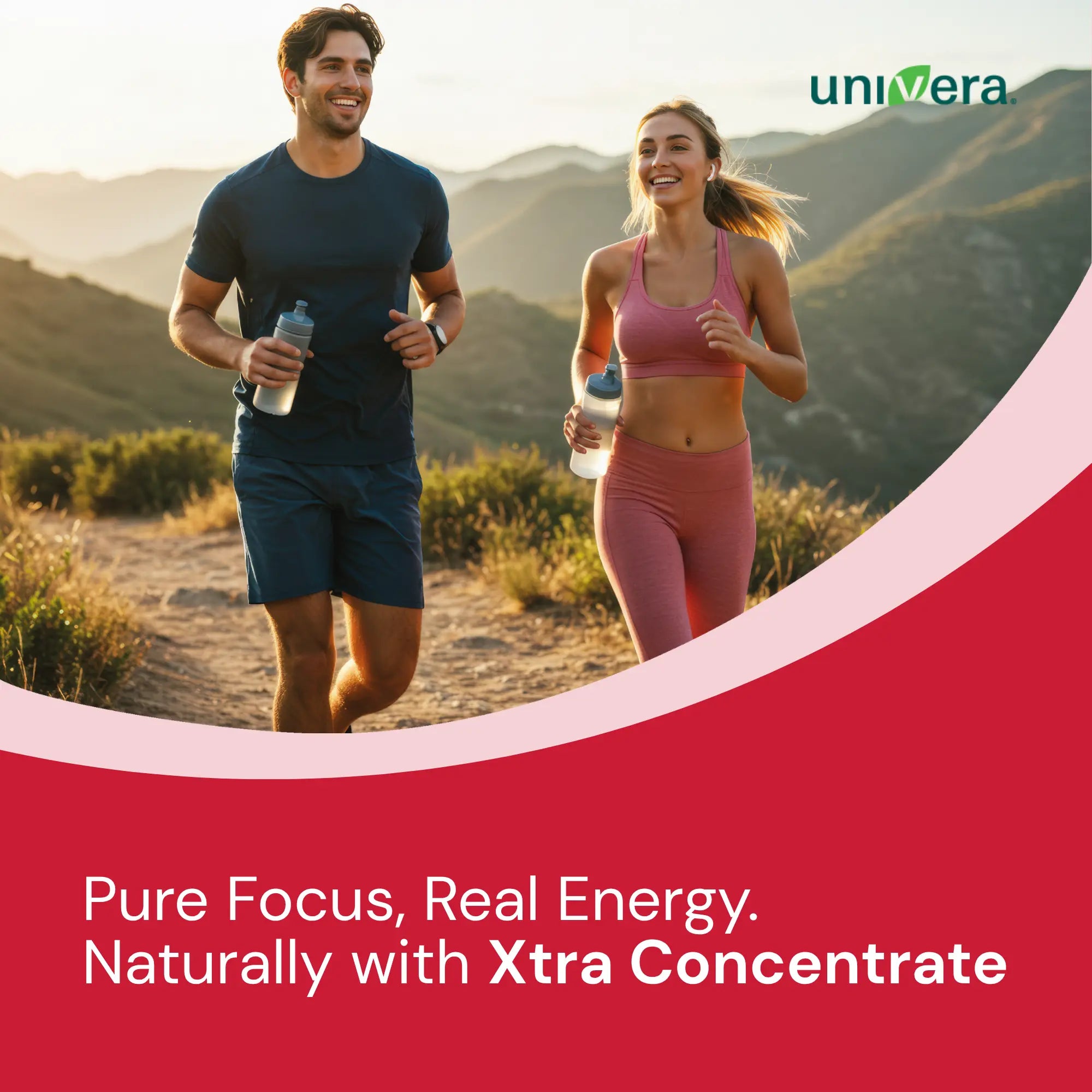Two people running outdoors with a red banner featuring Univera branding and product message.