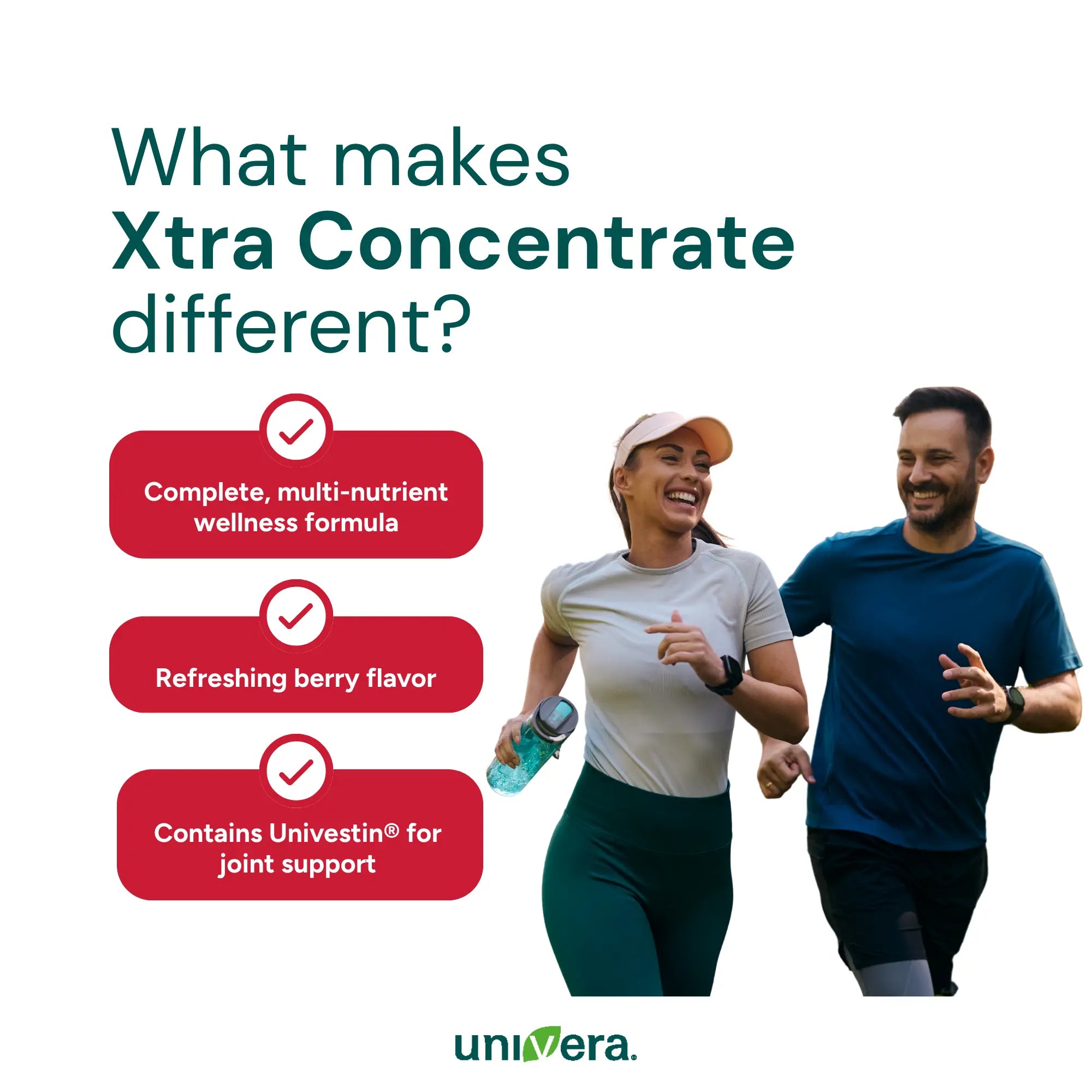 Advertisement for Xtra Concentrate with a man and woman running, highlighting features like a complete multi-nutrient formula and joint support.