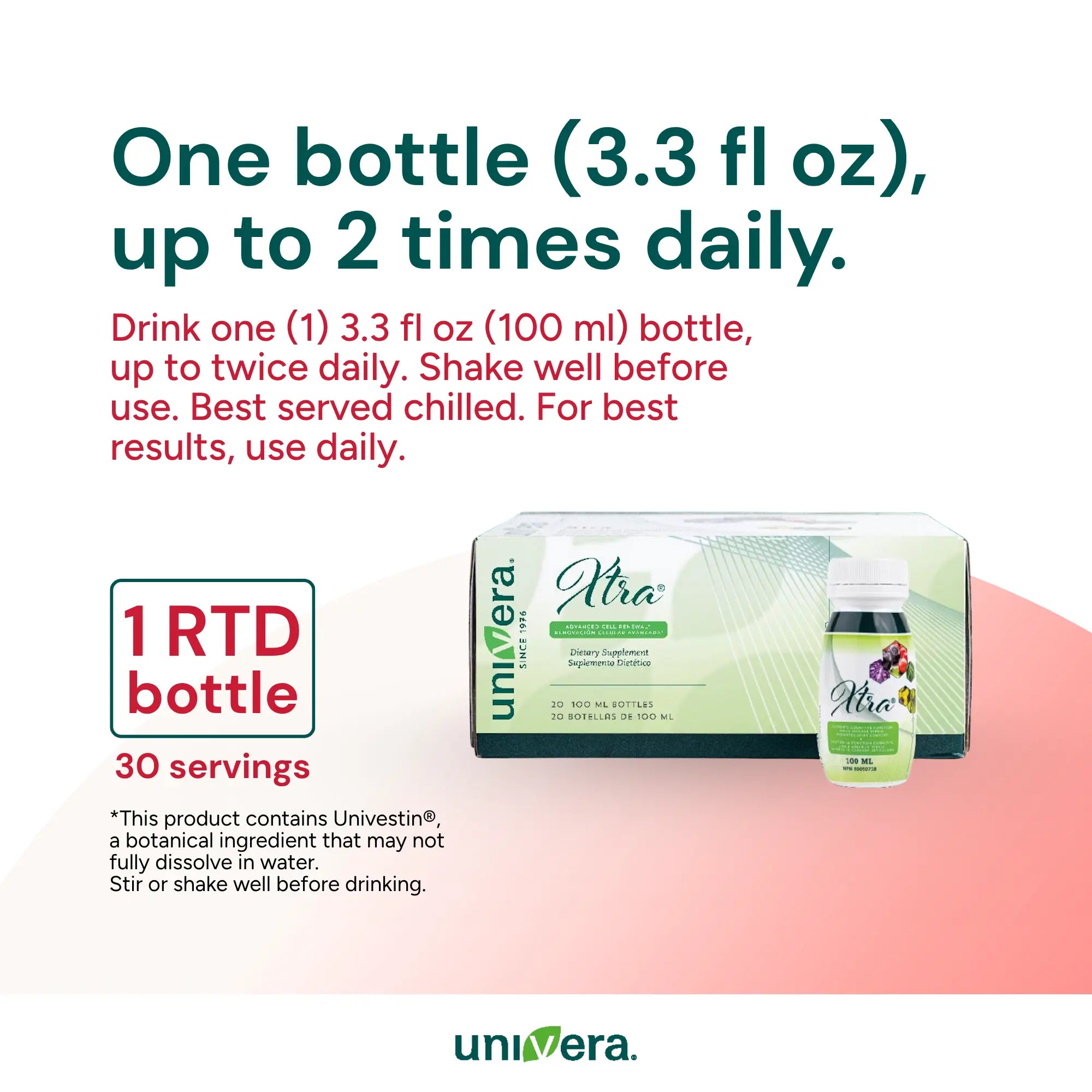 Univera Xtra supplement bottle and packaging with usage instructions on a white background