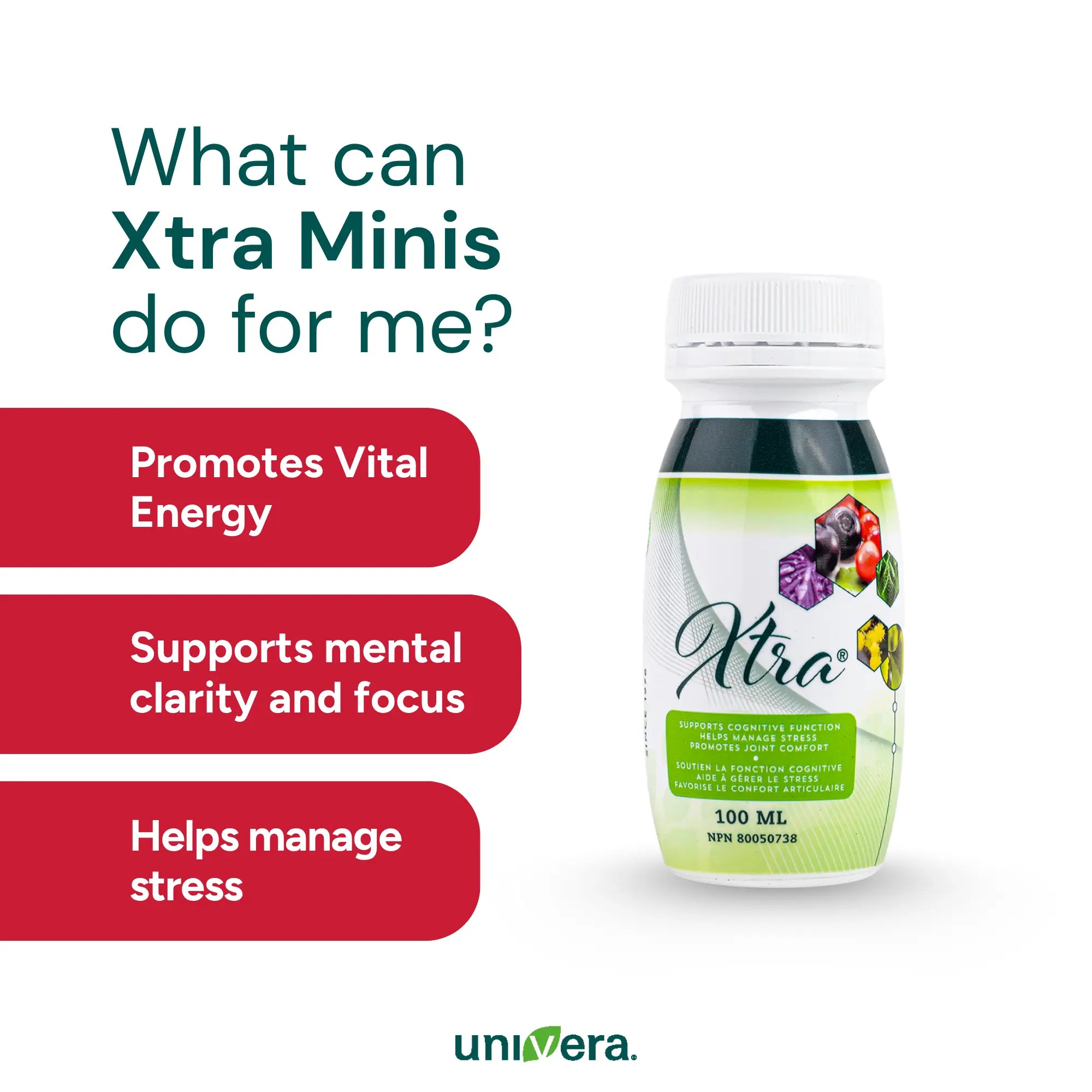 Bottle of Xtra Minis with promotional text on a white background