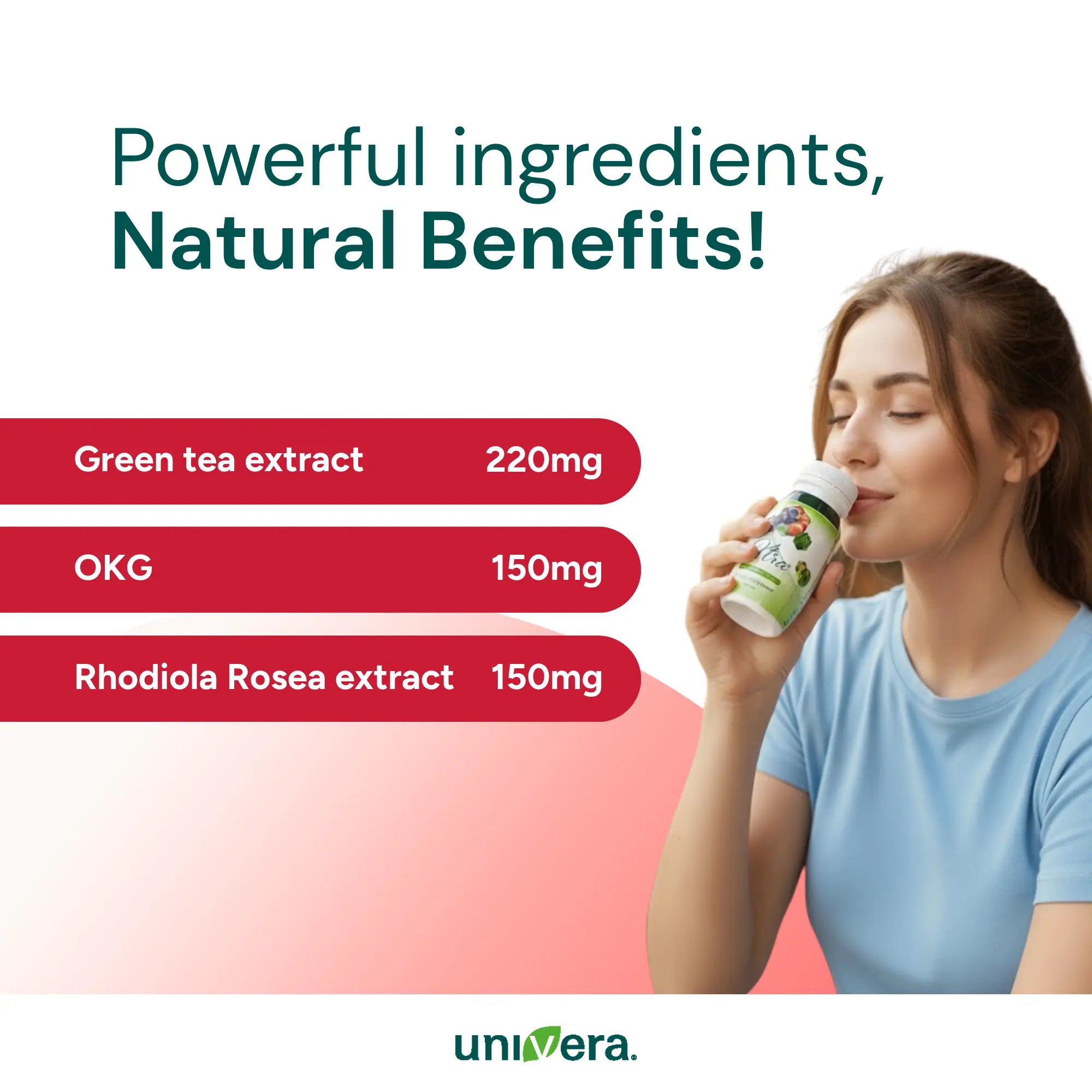 Woman holding a supplement bottle with text about powerful ingredients and natural benefits, branded as Universa.