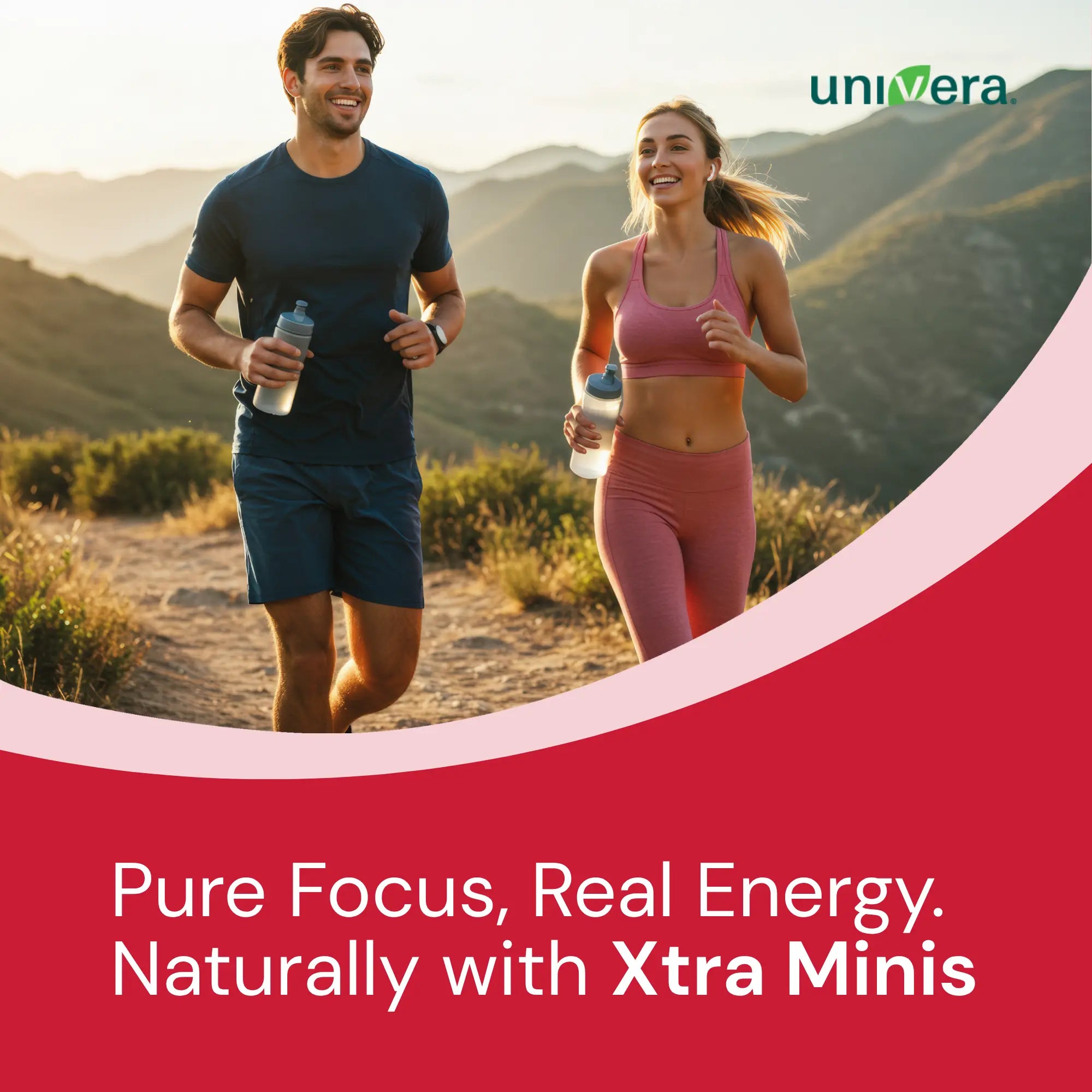 Two people running outdoors with a mountainous background and Universa branding.