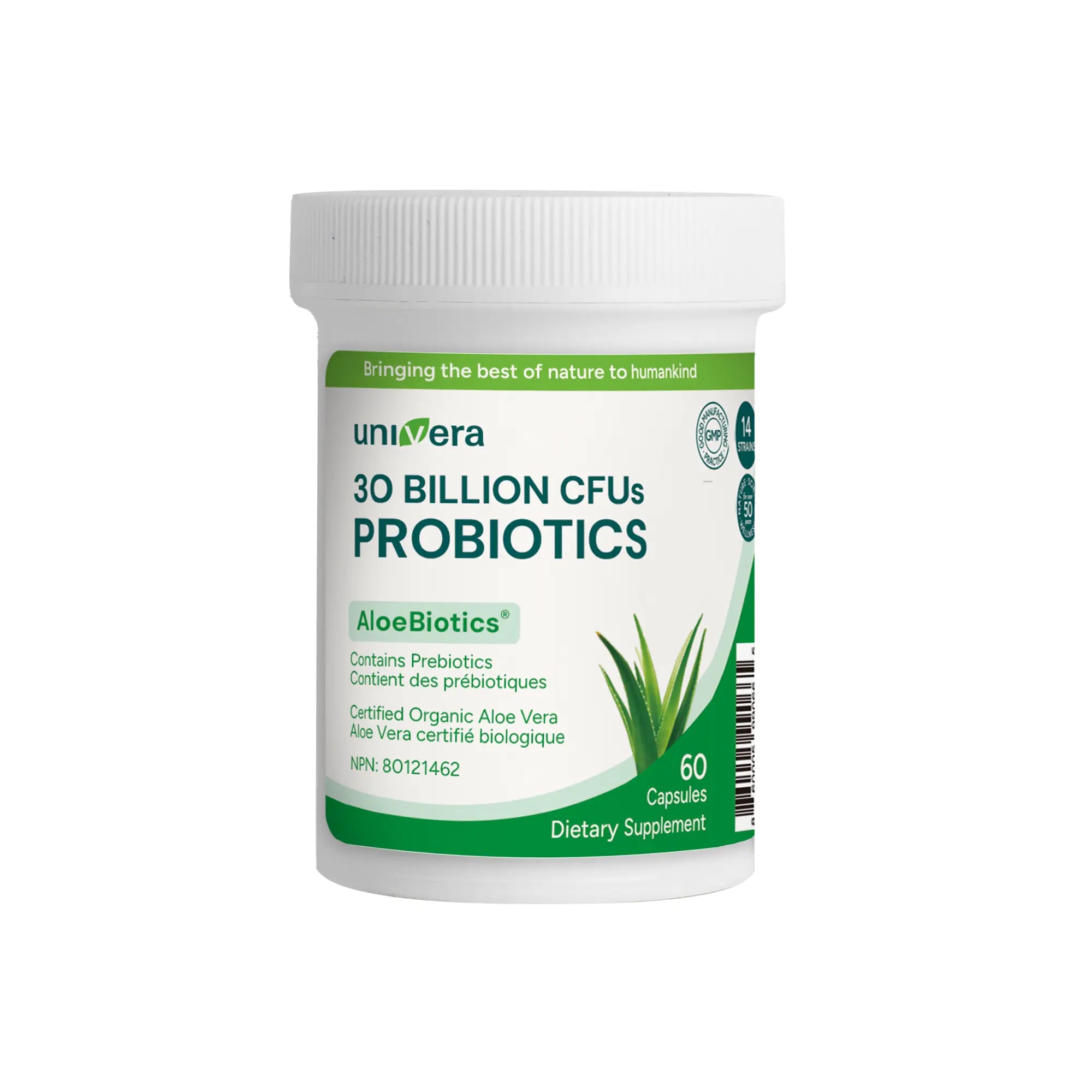 Univera probiotics container with green label on a white background