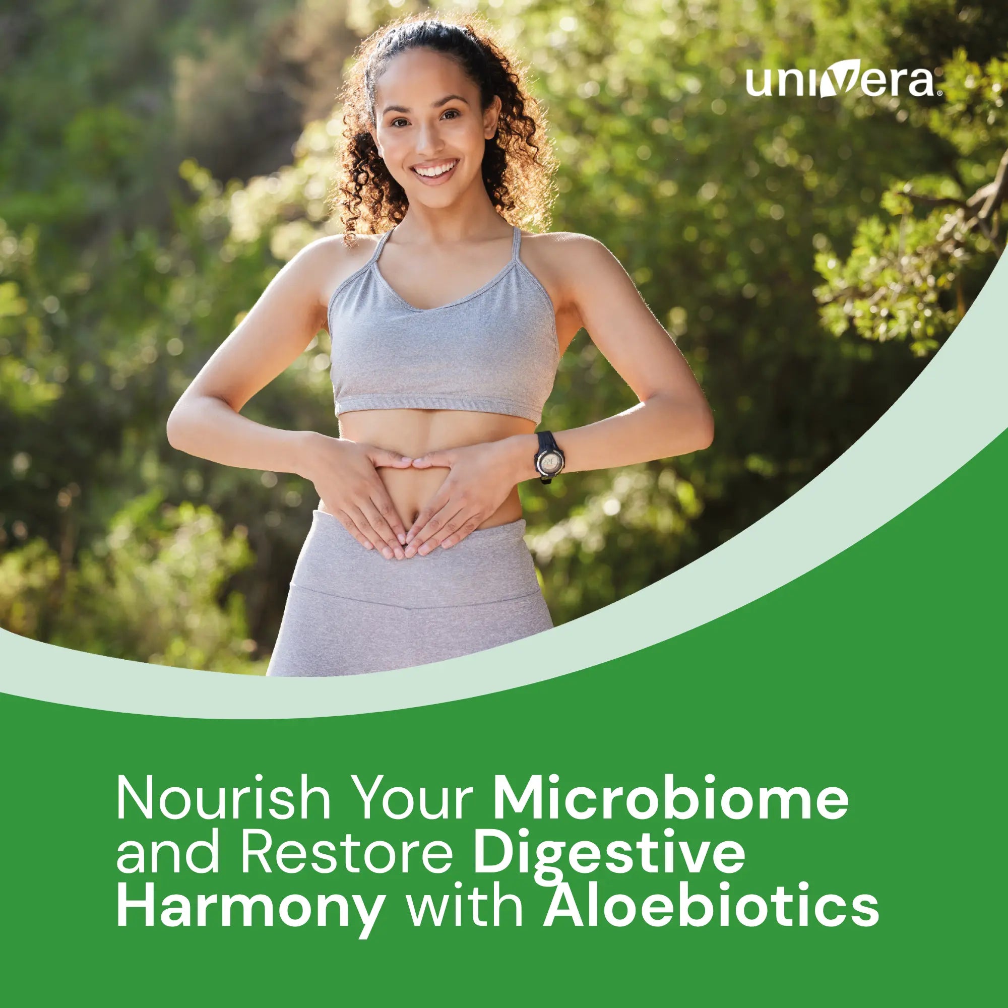 Woman standing outdoors with text about nourishing the microbiome and restoring digestive harmony with Aloebiotics.