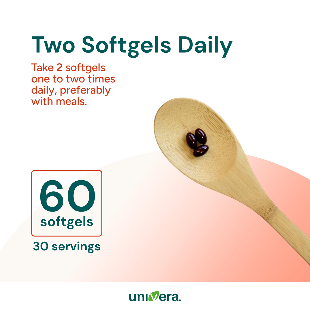 Wooden spoon with two softgels and product information on a white background