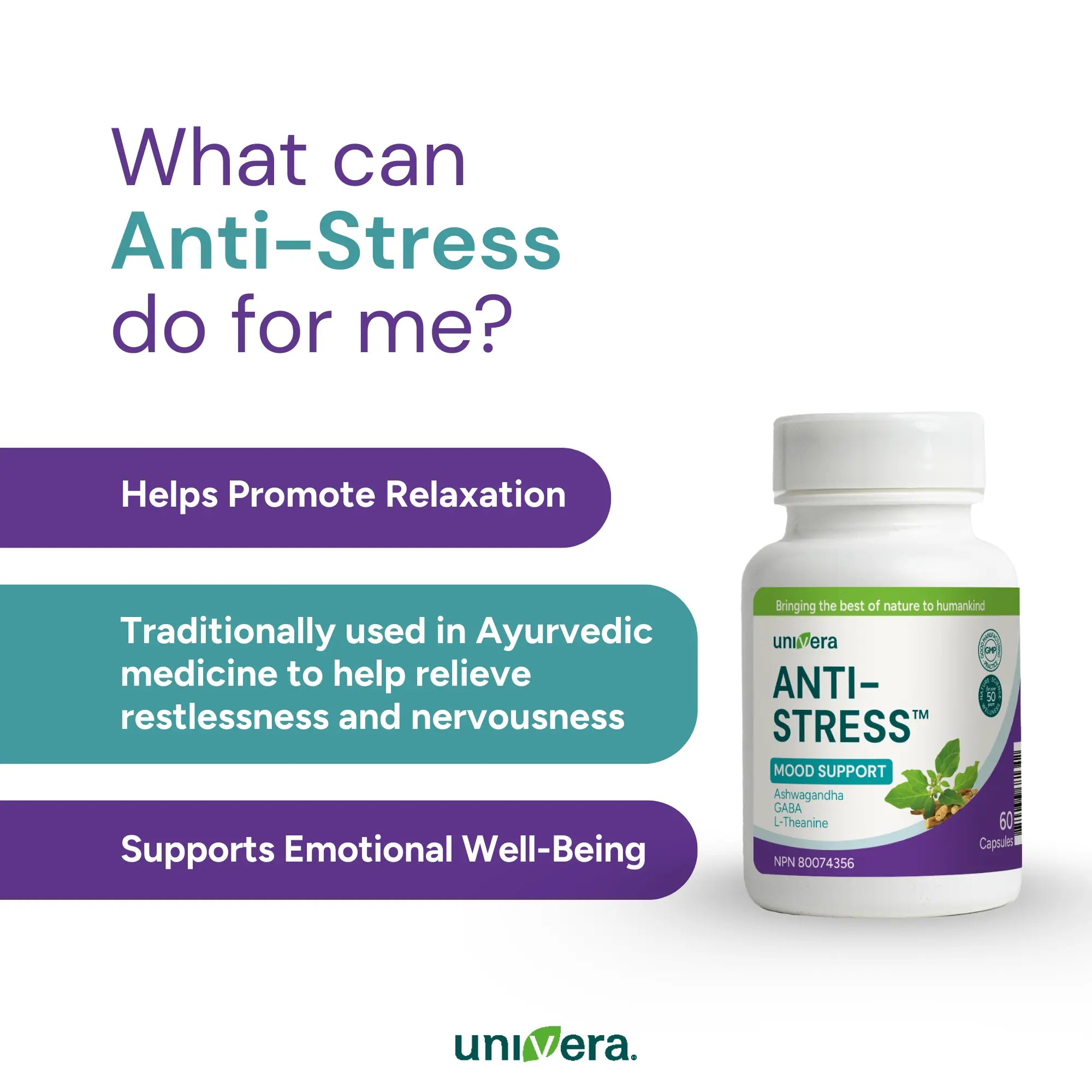 Univera Anti-Stress supplement bottle with promotional text on a white background