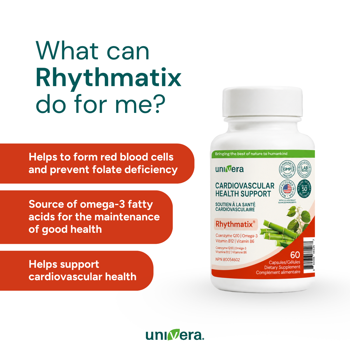 A bottle of univera Rhytmatix dietary supplement on a white background with promotional text and orange callout banners describing health benefits.