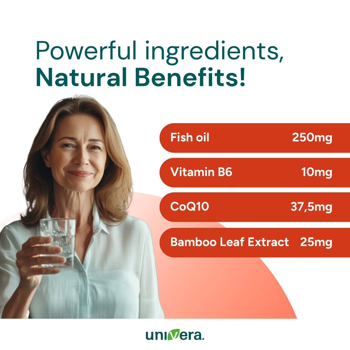 Promotional graphic for Universa dietary supplement, featuring a smiling woman holding a glass of water next to a list of ingredients: Fish oil 250mg, Vitamin B6 10mg, CoQ10 37,5mg, and Bamboo Leaf Extract 25mg.
