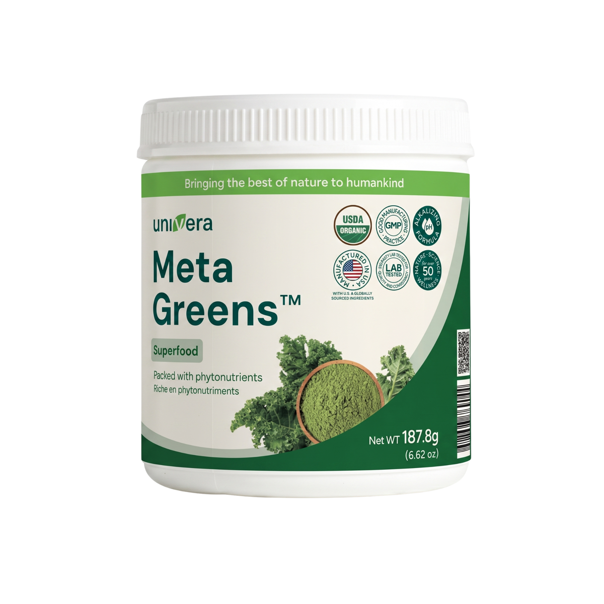 Container of Meta Greens superfood powder with Univera branding on a white background
