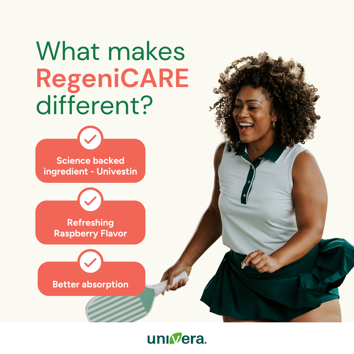 Woman holding a racket with RegeniCARE product features displayed on a white background.