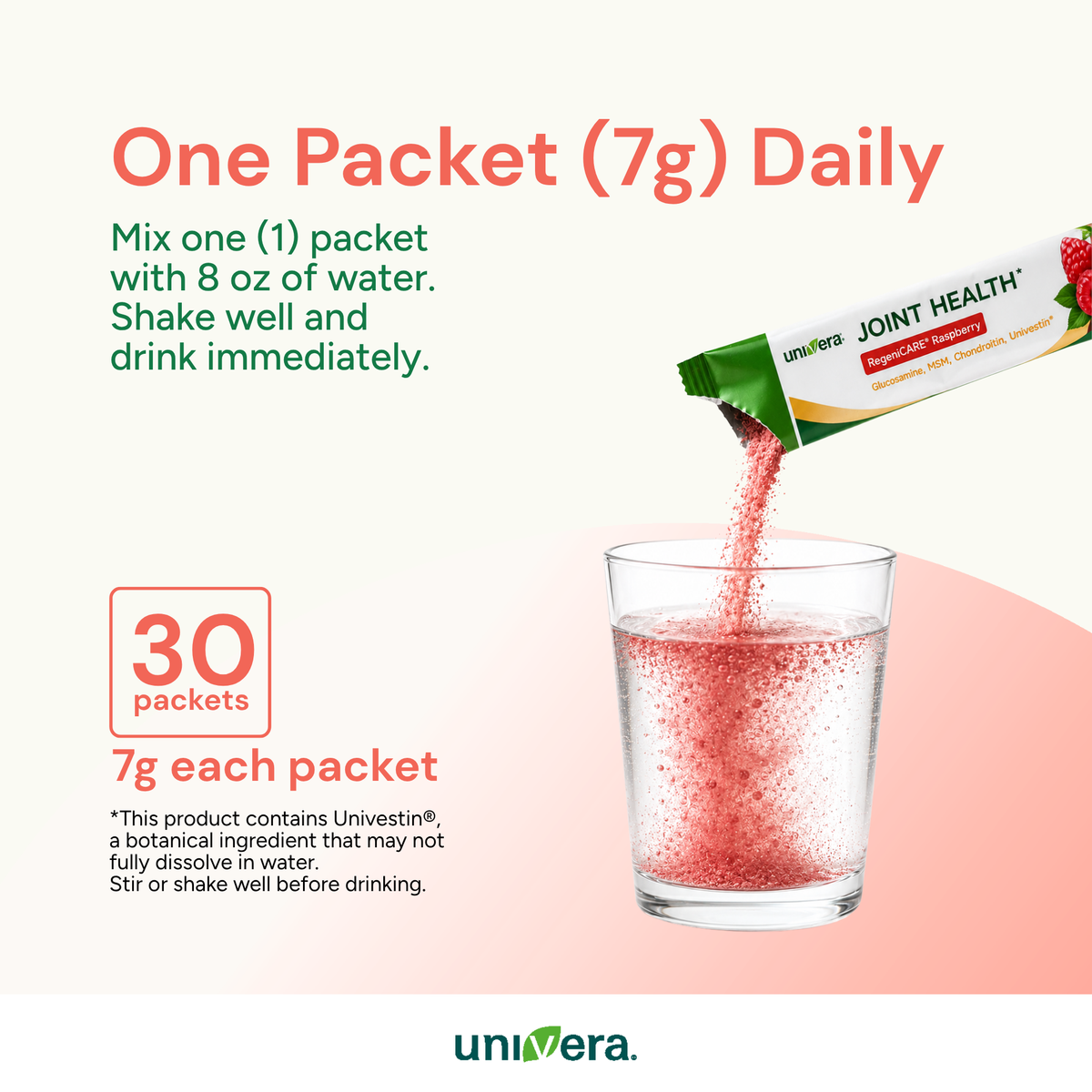 Promotional graphic for Univera Joint Health powder, showing a packet pouring pink powder into a glass of water. Text reads 'One Packet (7g) Daily' and '30 packets'.