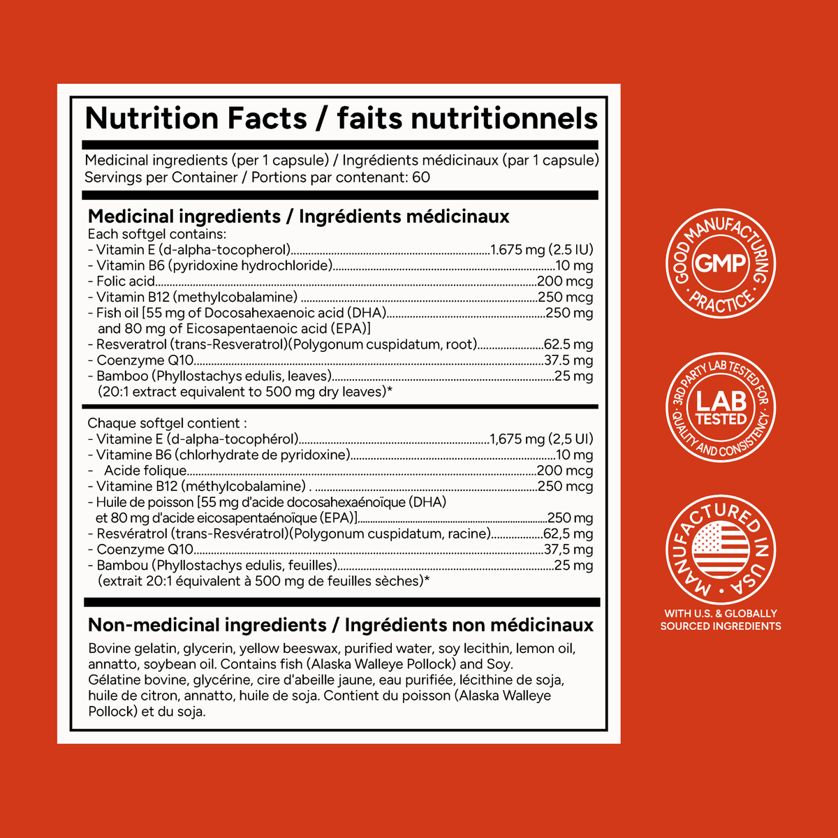 A Nutrition Facts label for a supplement product on a red background, with bilingual English and French text. Two circular seals appear on the right: one reading GMP Certified and one reading Made in France.