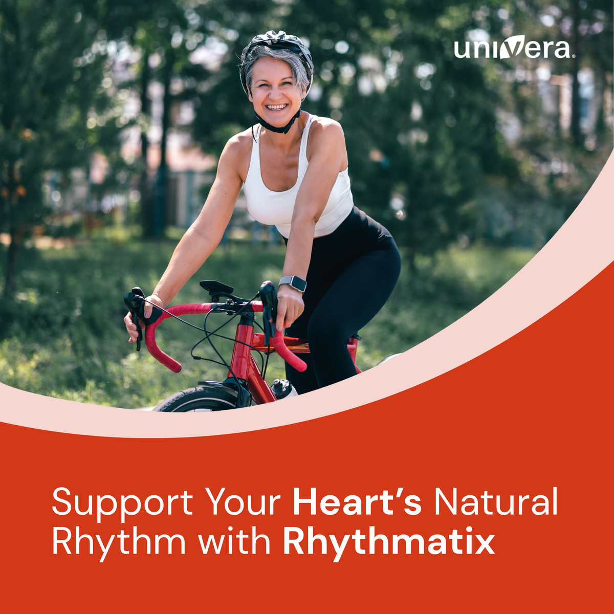 A smiling woman wearing a bicycle helmet rides a red bicycle outdoors on a path with trees in the background. The image has a coral-orange graphic overlay at the bottom with white text reading 'Support Your Heart's Natural Rhythm with Rhythmatrix' and the uniVersa logo at the top right.