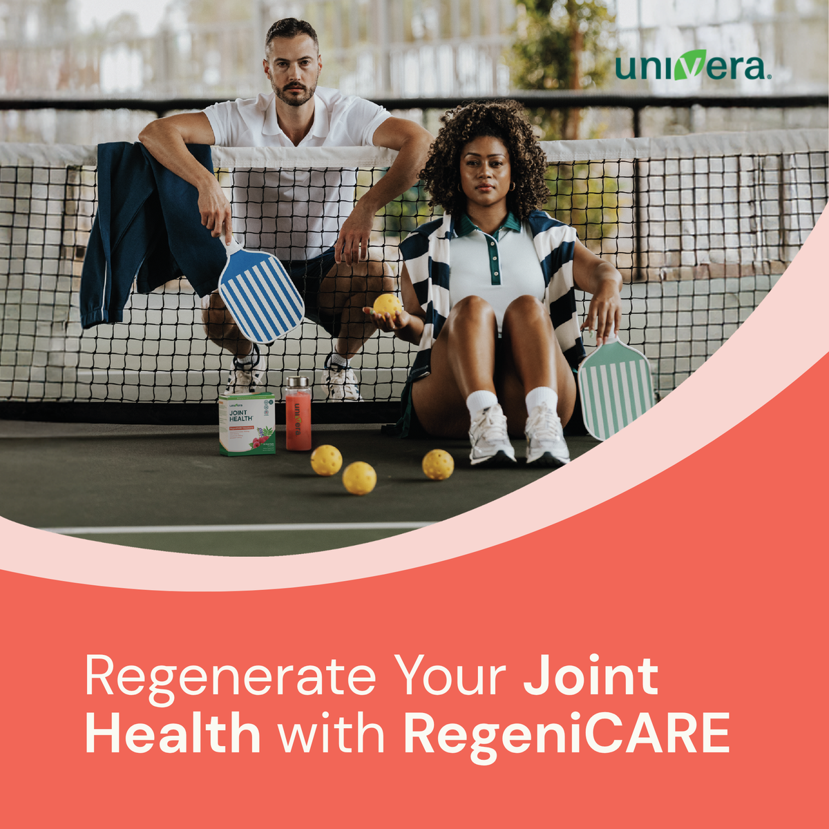 A promotional graphic for Univera RegeniCARE featuring a man and a woman sitting on a tennis court behind a net, holding striped tennis rackets with tennis balls on the court. The image has a coral-red overlay at the bottom with the text 'Regenerate Your Joint Health with RegeniCARE' and the Univera logo at the top right.