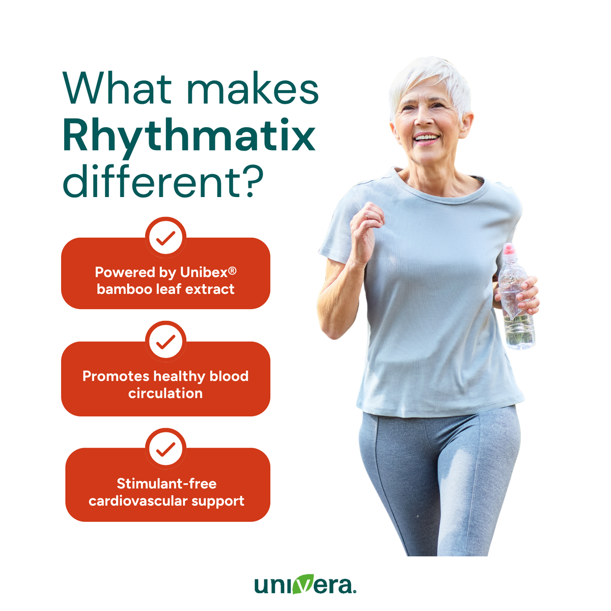 Woman exercising with Rhythmatix product, highlighting its benefits on a white background.