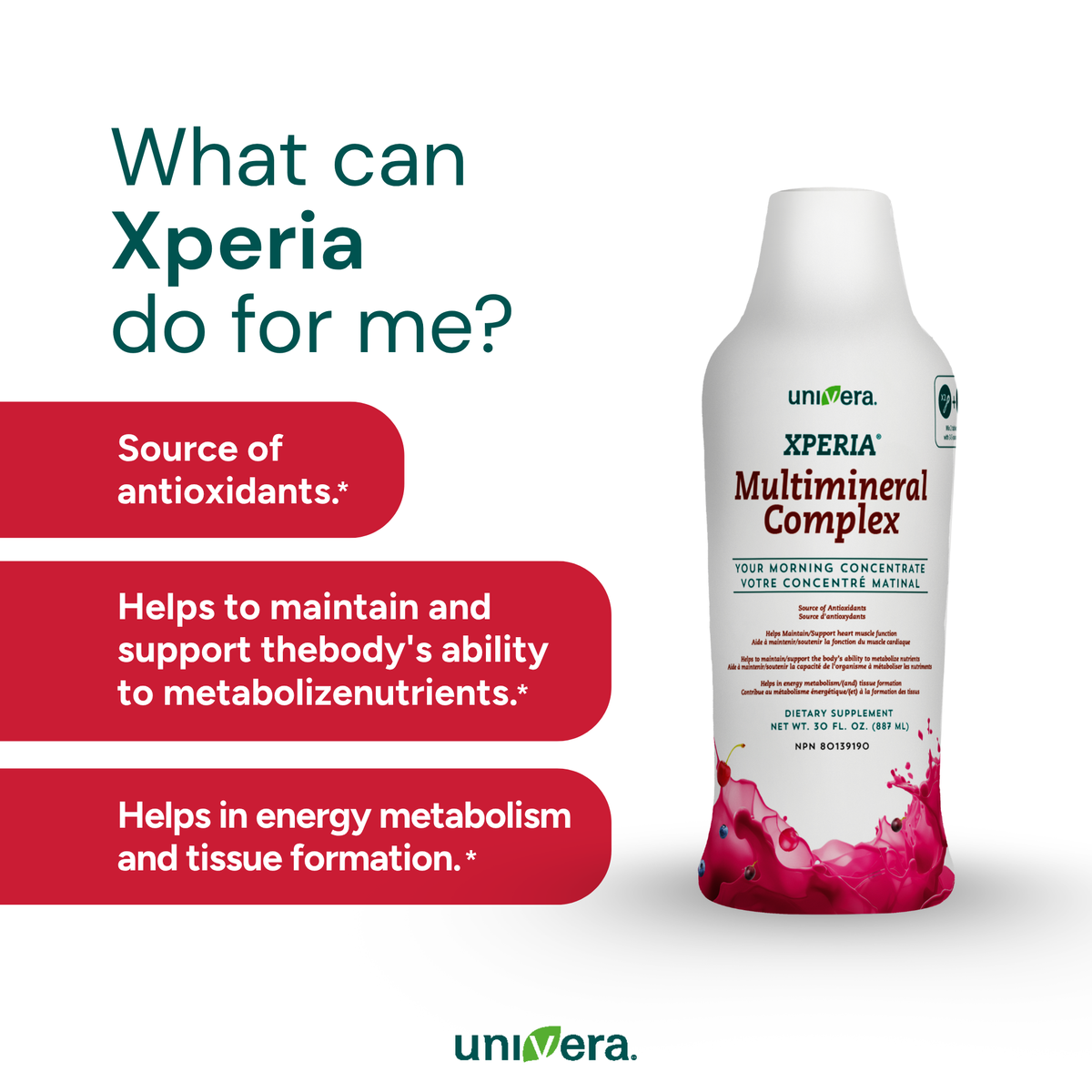 Univera Xperia Multimineral Complex supplement bottle with promotional text on a white background