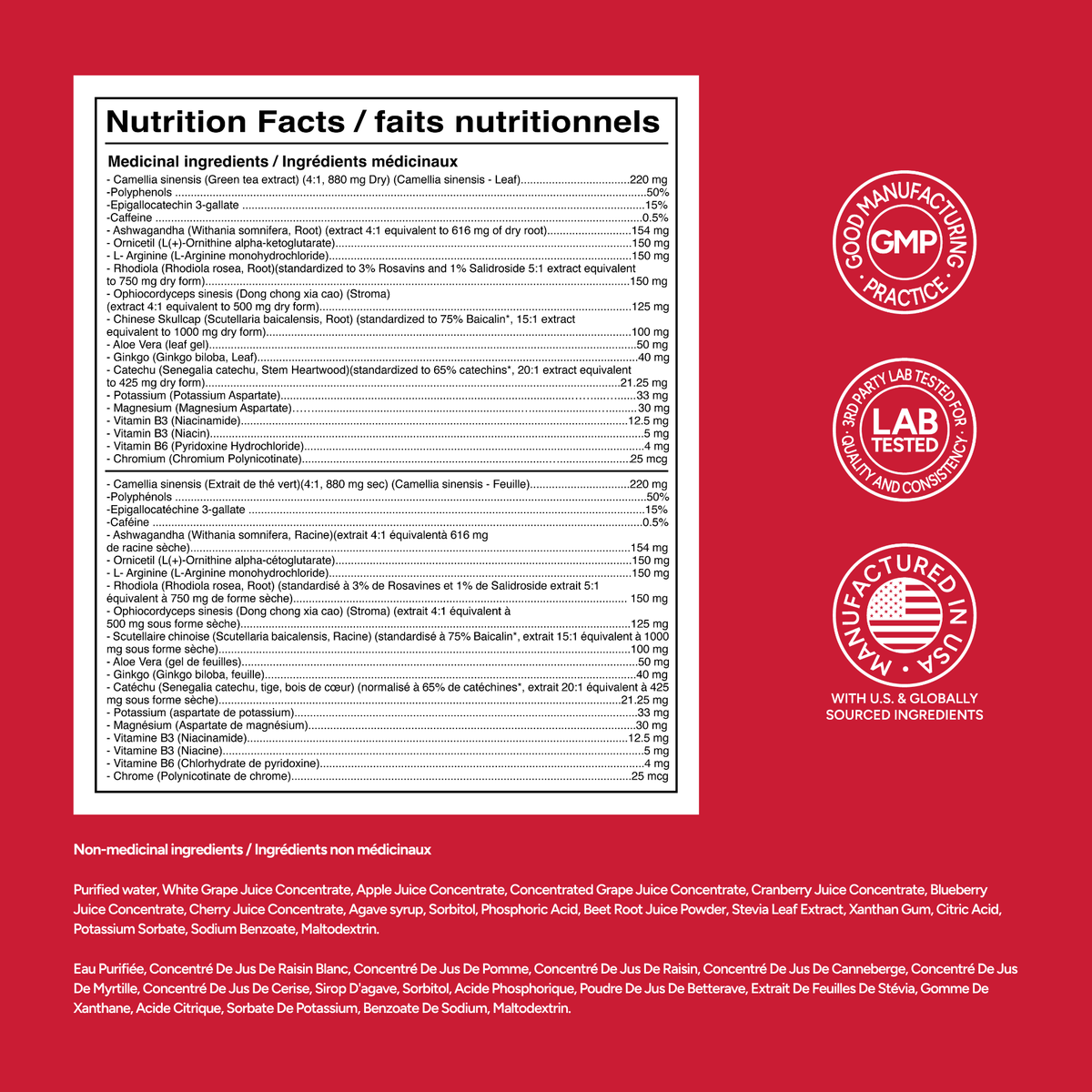 Nutrition facts label on a red background with certification logos.